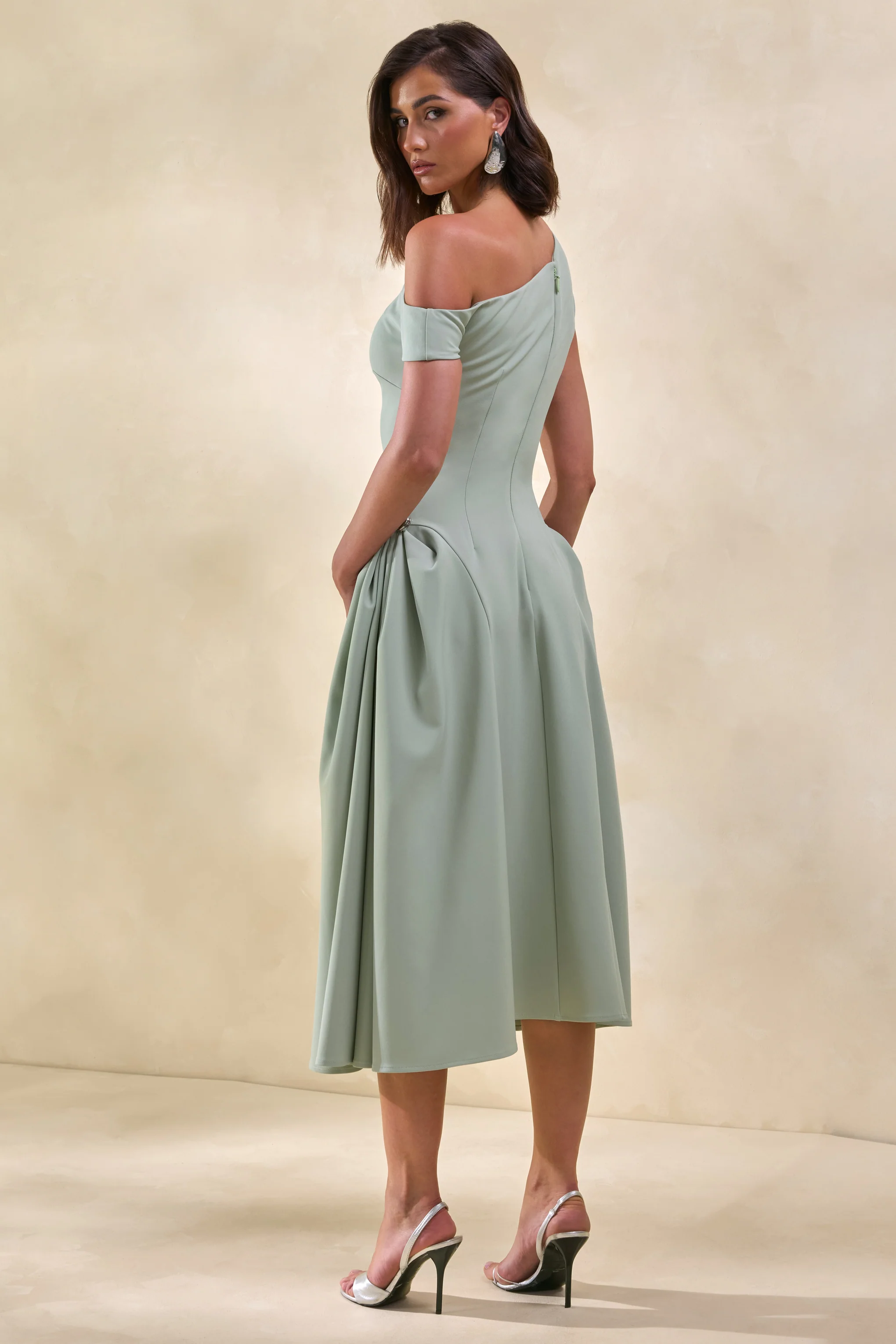 Celosia | Sage Asymmetric-Neck Midi Dress With Silver Detailing - Image 3