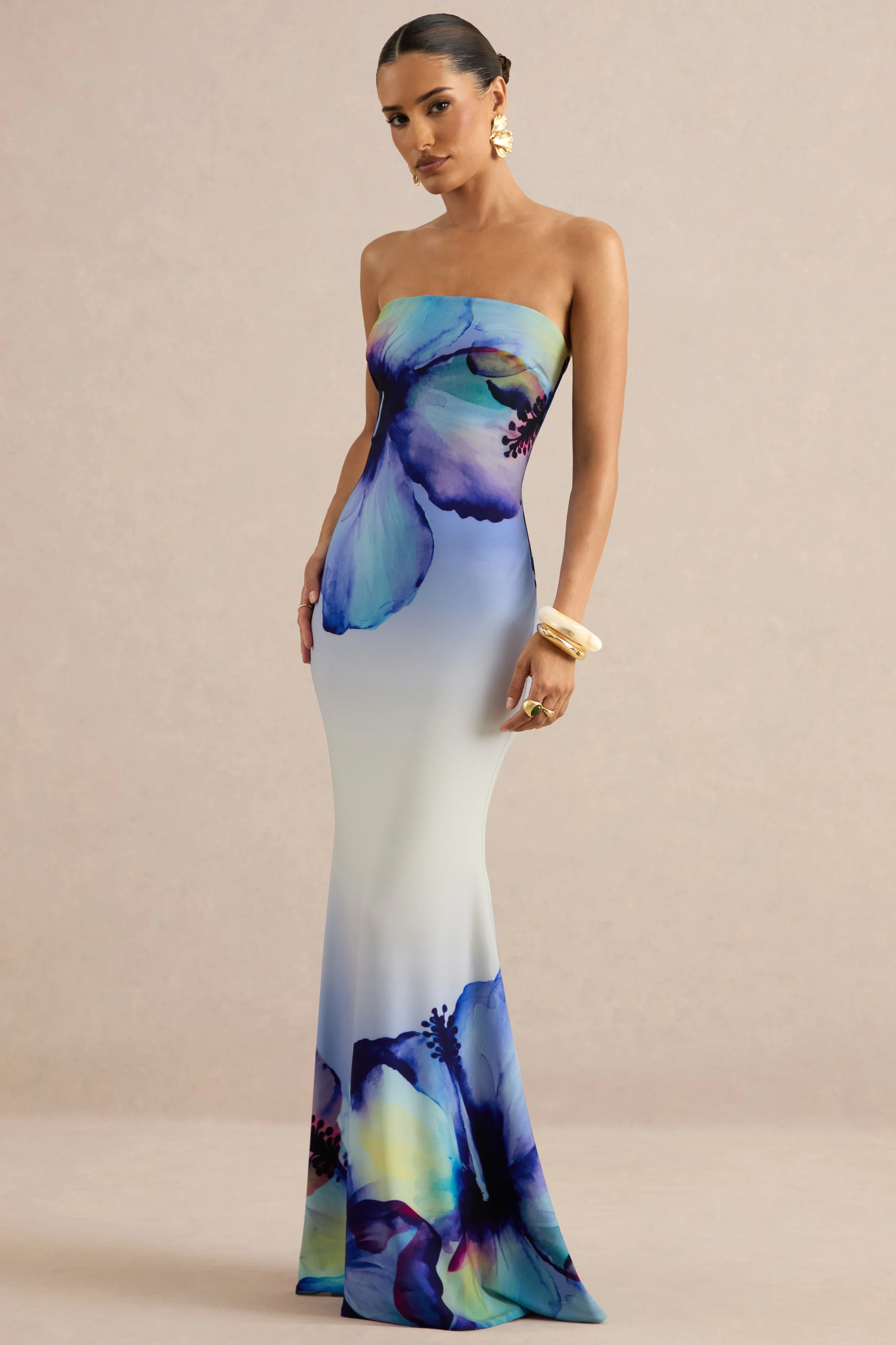 Ceremony | Blue Ombre Floral Print Bandeau Maxi Dress - Image 5