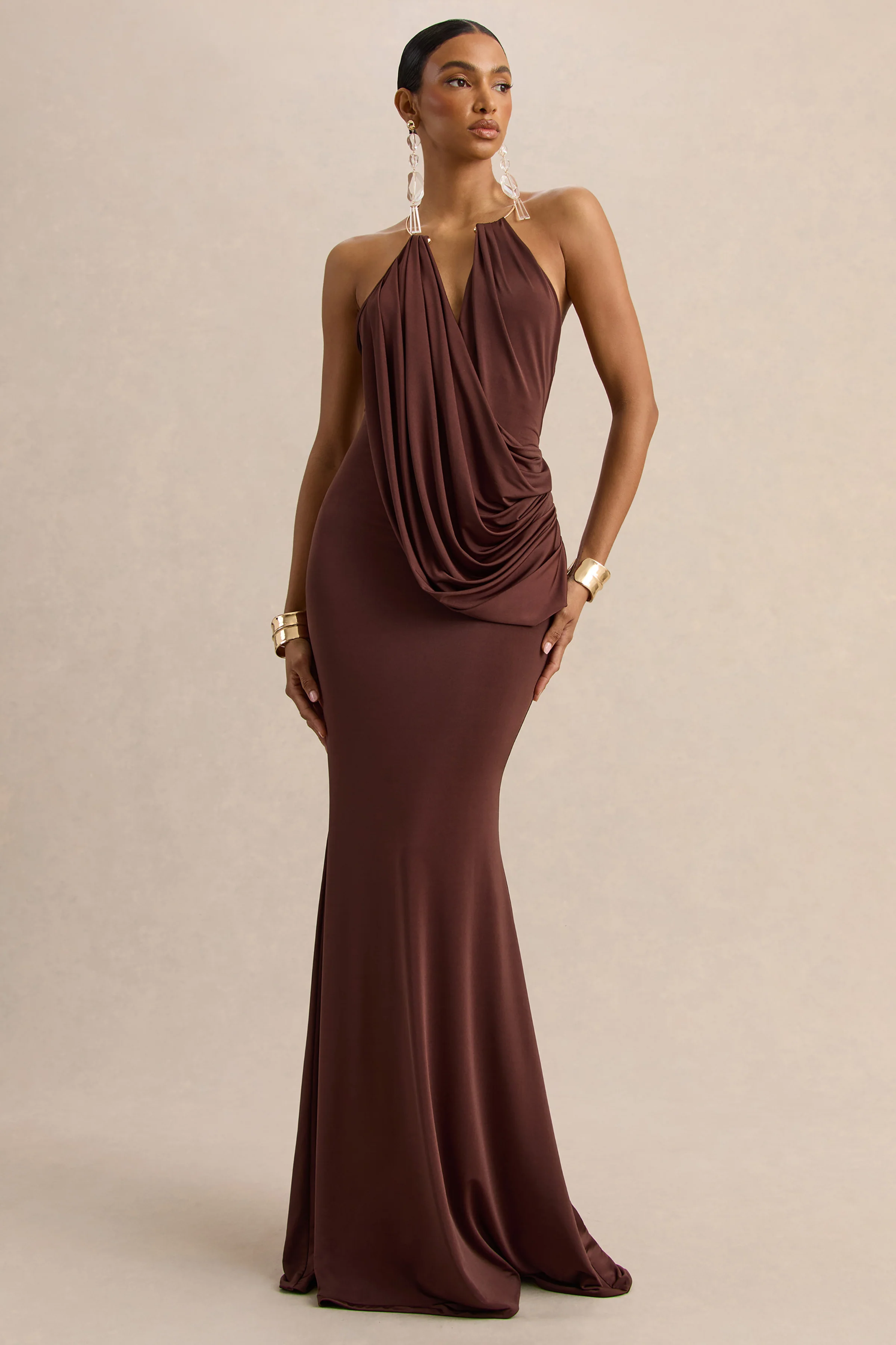 Chanterra | Brown Halter-Neck Maxi Dress With Draped-Detailing - Image 6