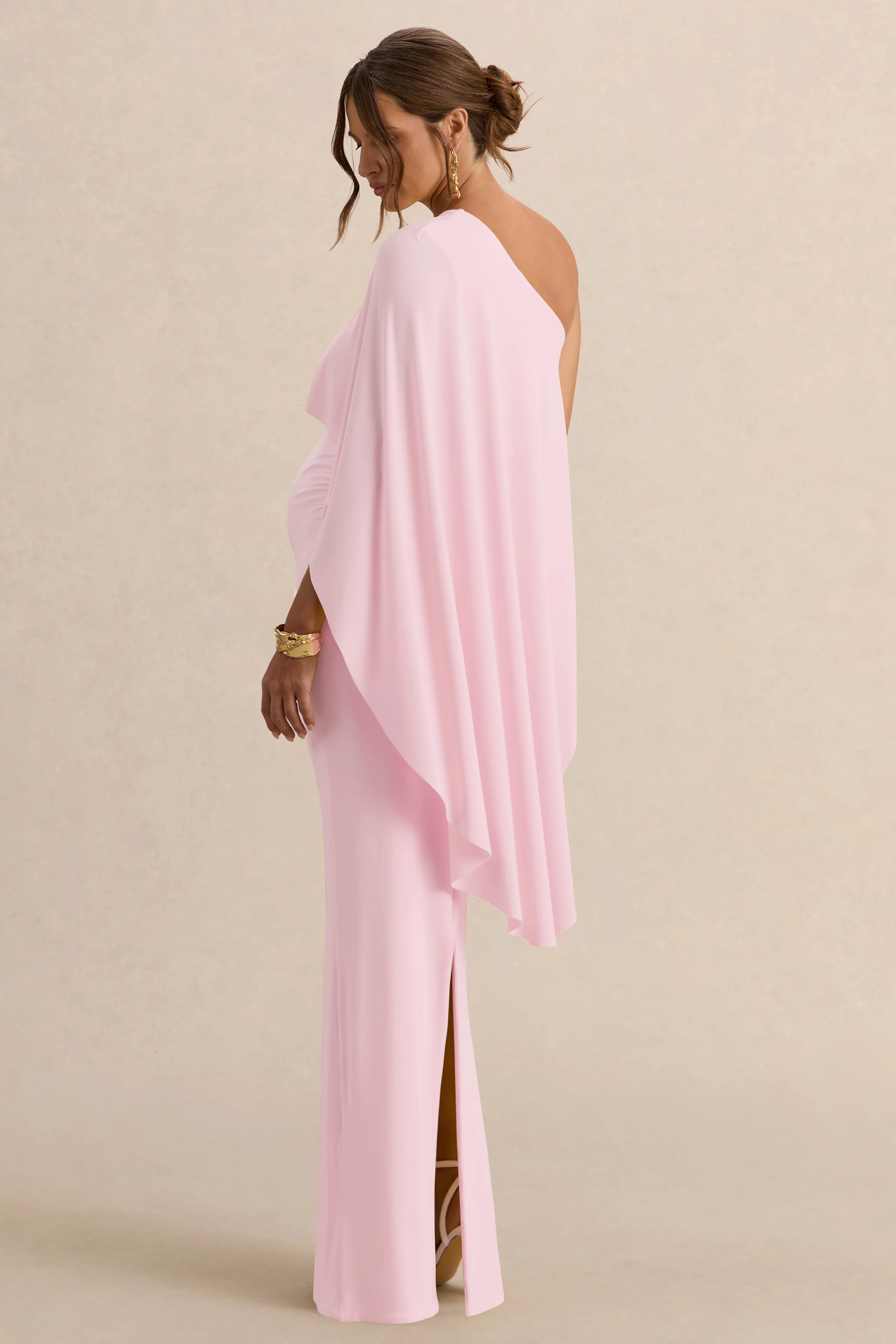 Cicely | Light Pink Asymmetric-Neck Maternity Maxi Dress With Cape Sleeve - Image 2