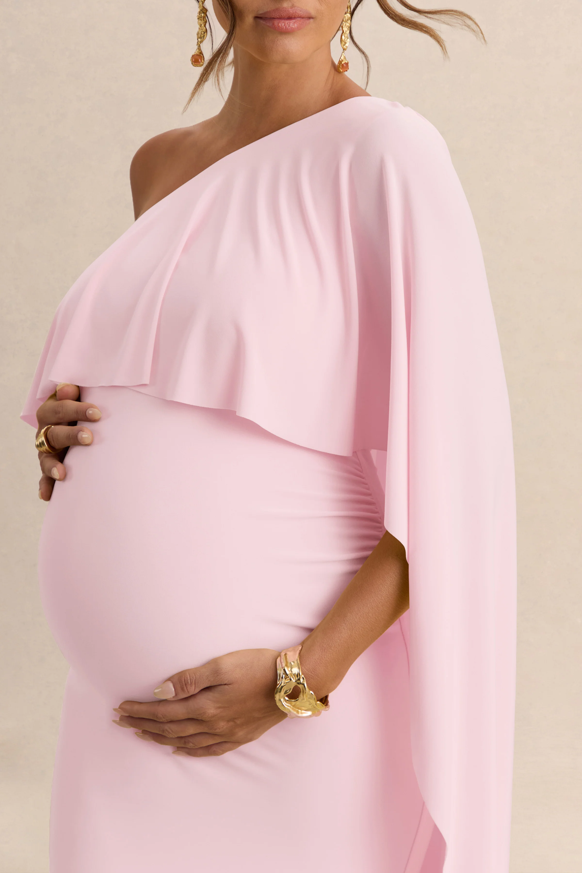 Cicely | Light Pink Asymmetric-Neck Maternity Maxi Dress With Cape Sleeve - Image 4