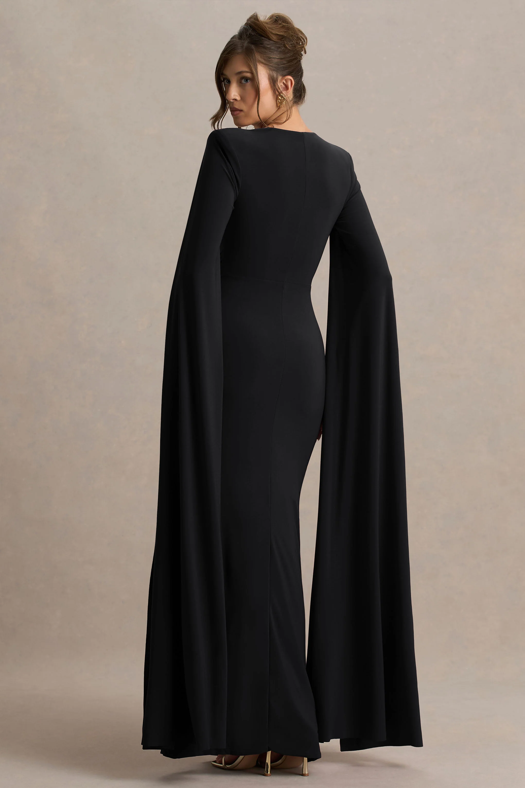 Claretta | Black Square Neck Twisted Maxi Dress With Cape Sleeves - Image 2