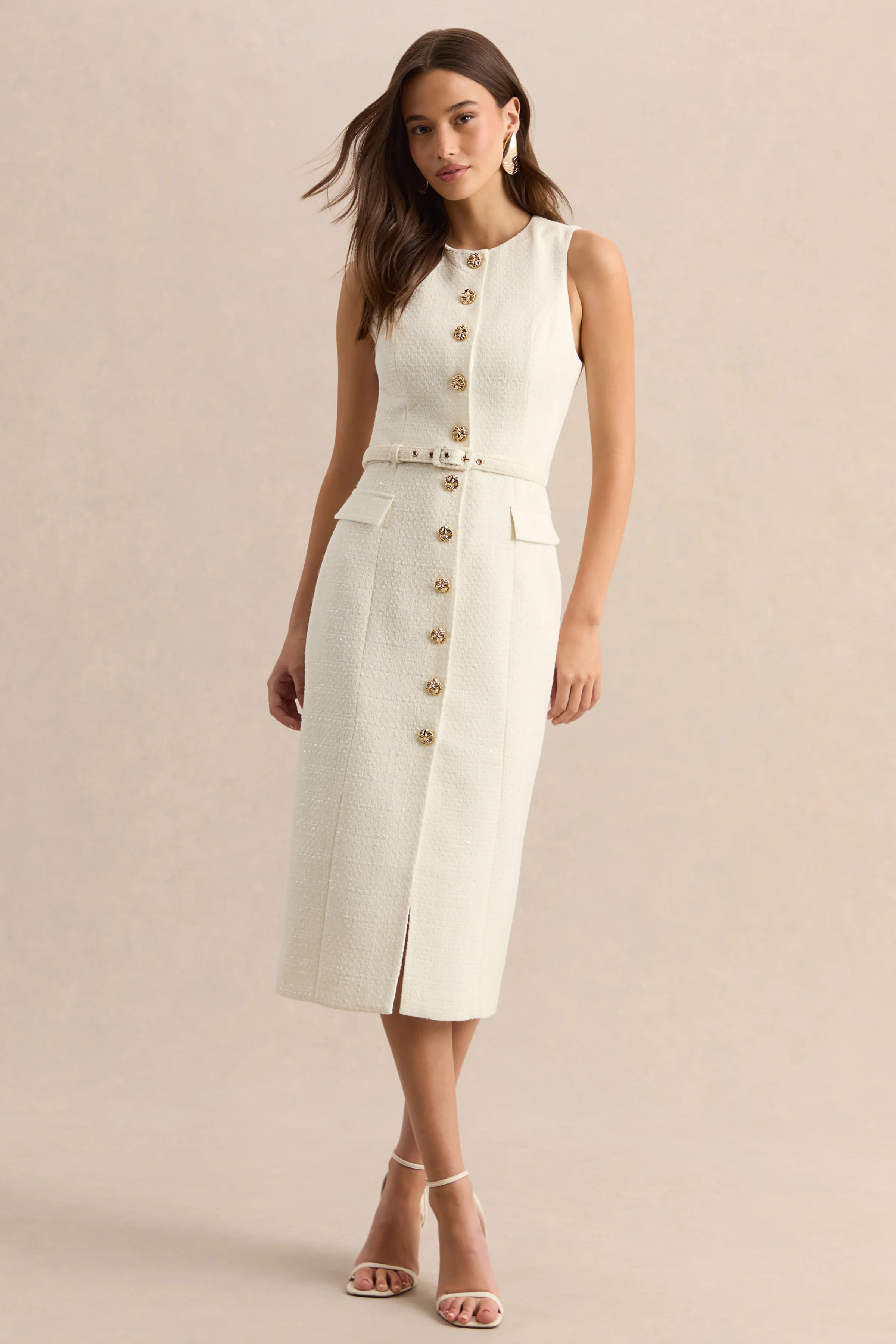 Clea | Cream Crew-Neck Belted Midi Dress With Front-Pockets - Image 2