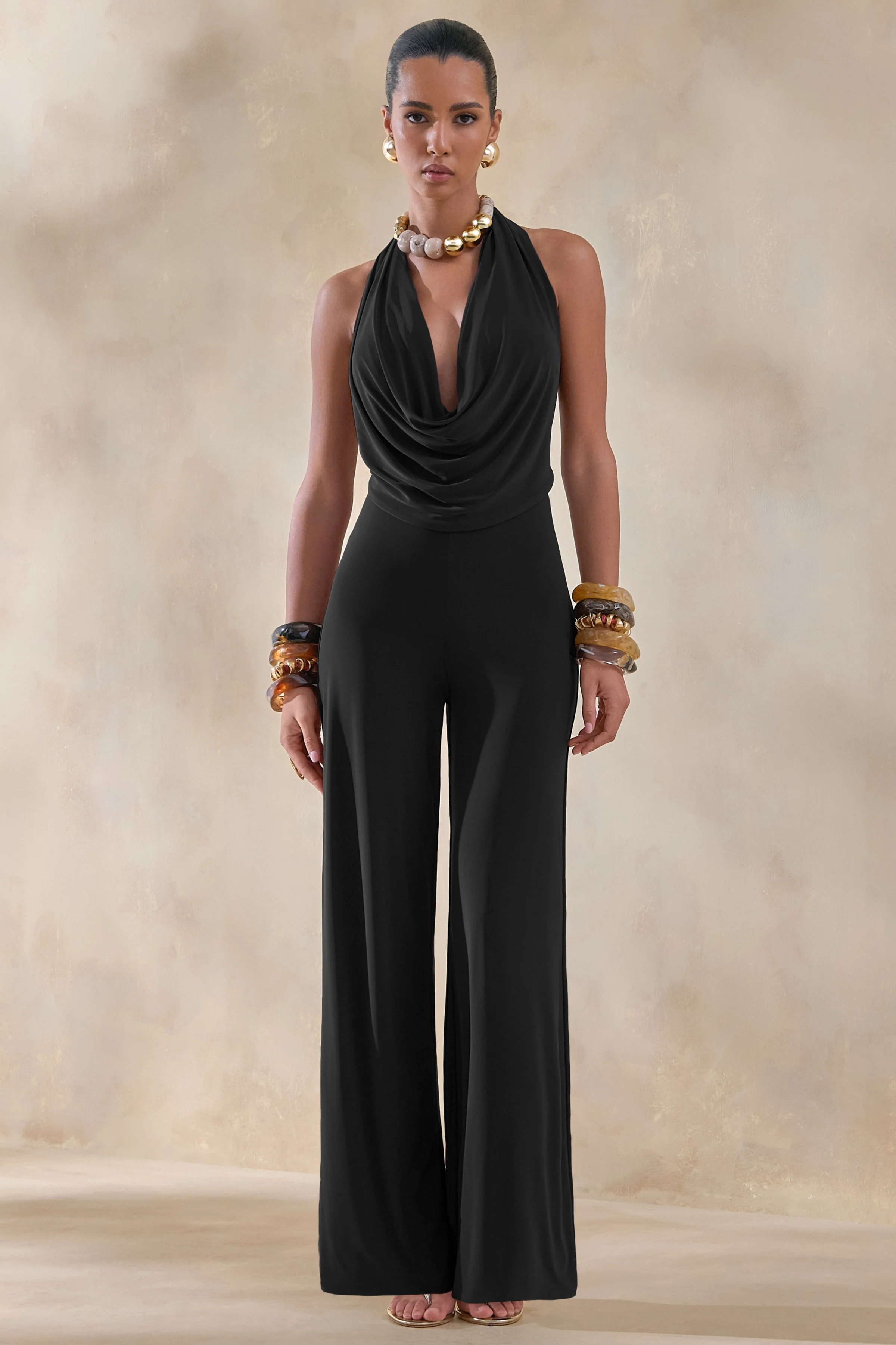 Clemence | Black Plunge-Neck Jumpsuit