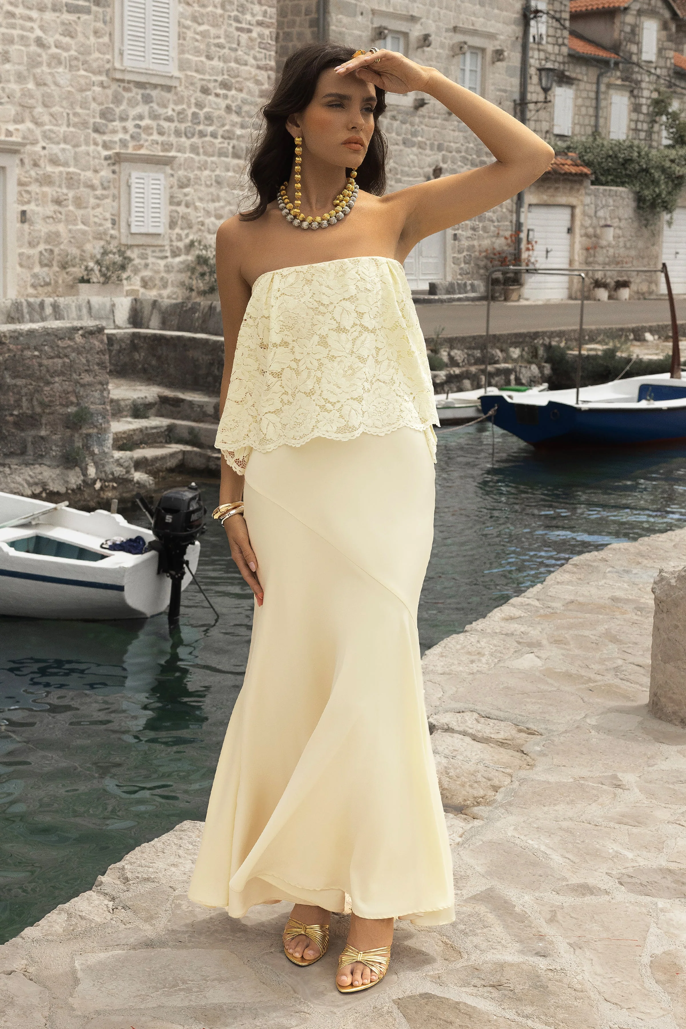 Clemency | Lemon Lace And Matte Satin Bandeau Maxi Dress - Image 2