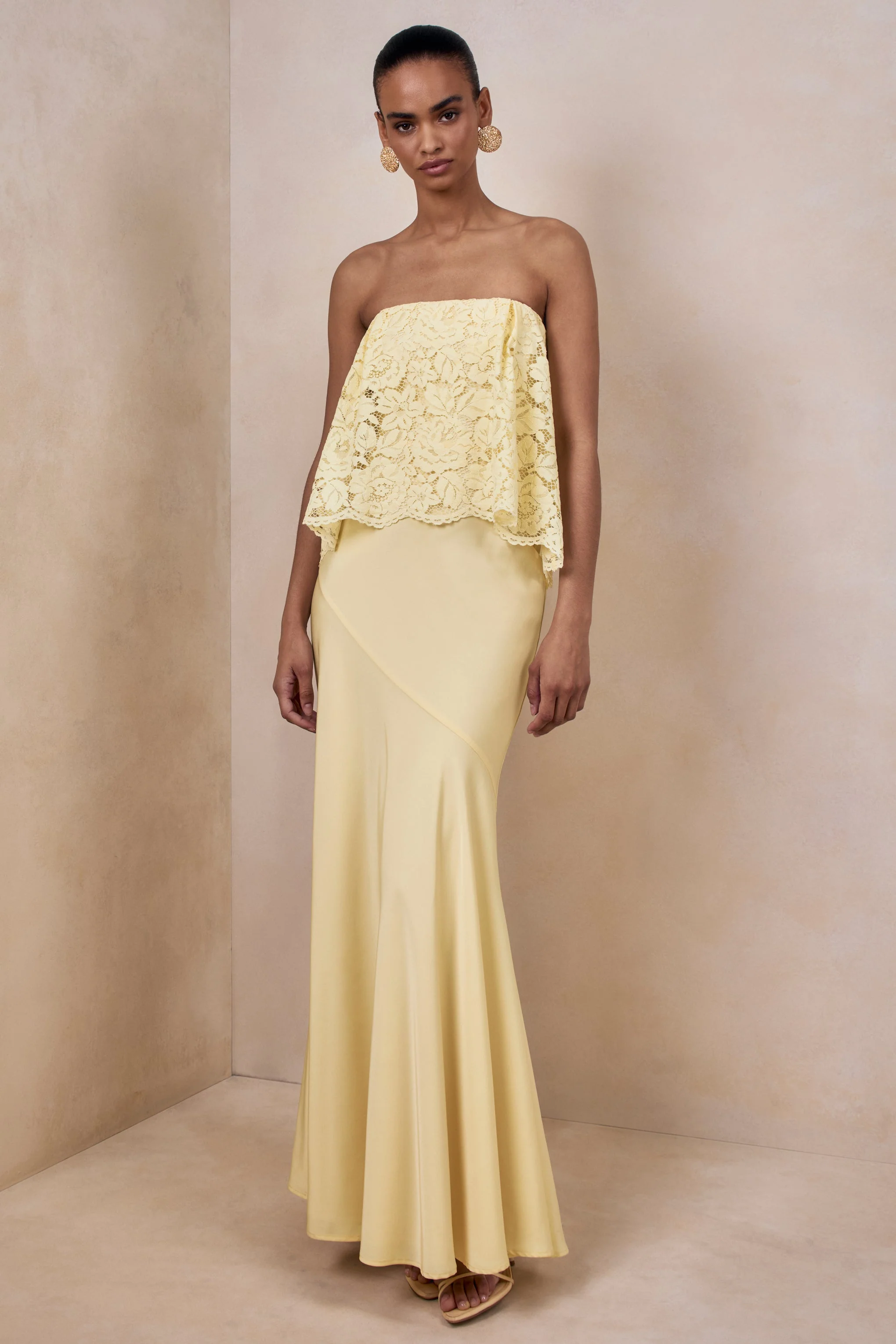 Clemency | Lemon Lace And Matte Satin Bandeau Maxi Dress - Image 3