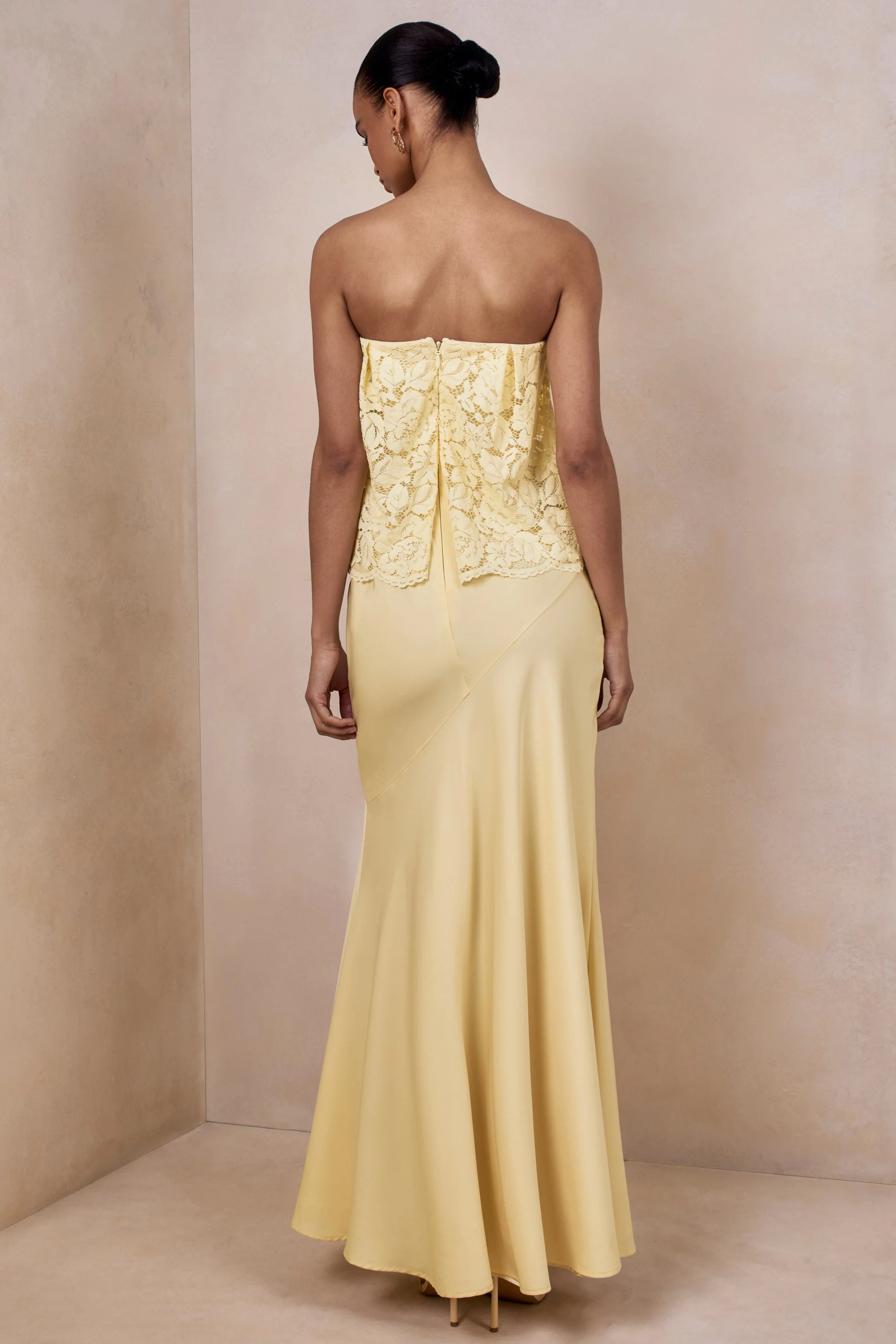 Clemency | Lemon Lace And Matte Satin Bandeau Maxi Dress - Image 4