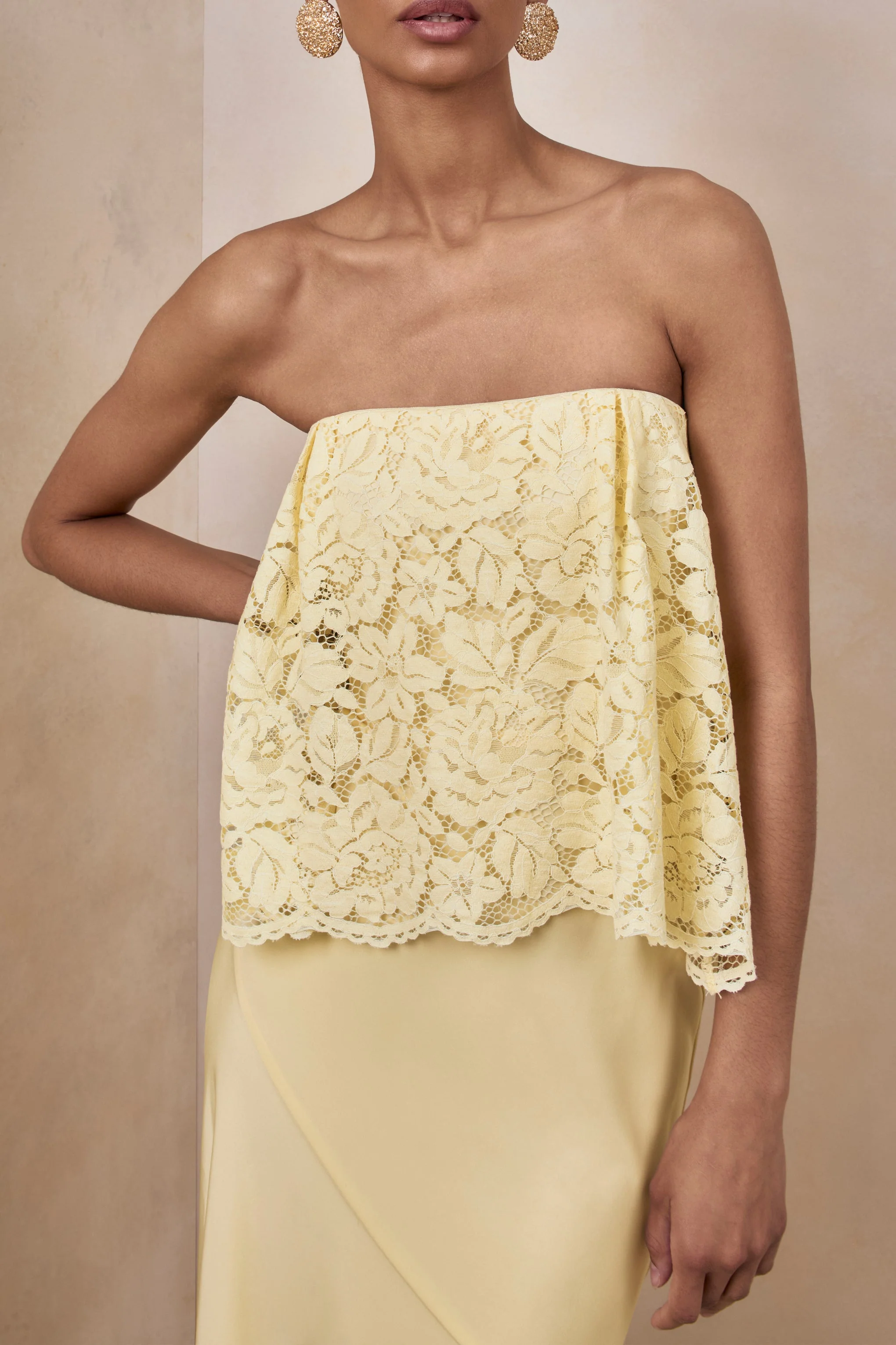 Clemency | Lemon Lace And Matte Satin Bandeau Maxi Dress - Image 5