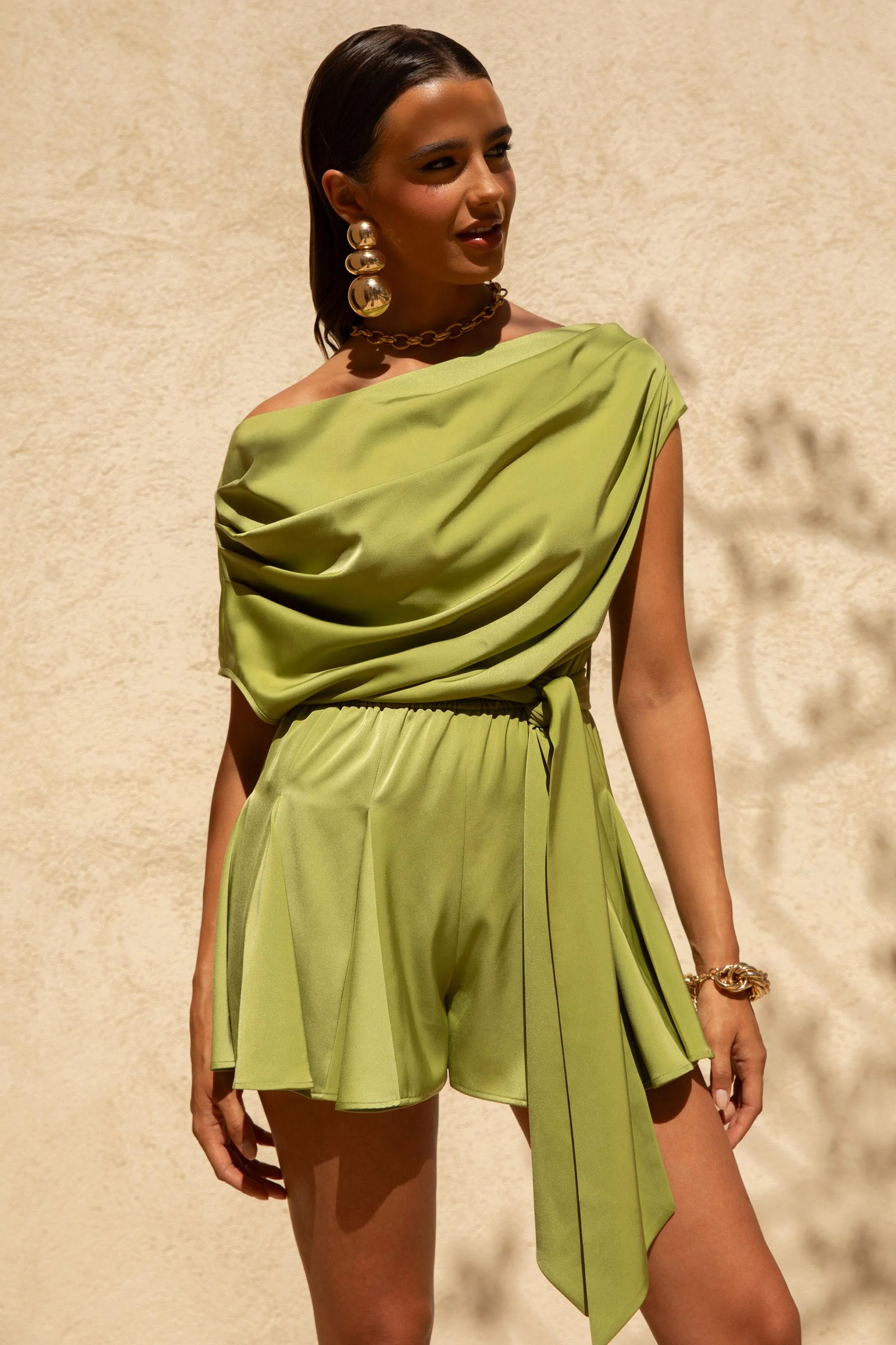 Clydie | Olive Satin Asymmetric Romper With Tie-Waist - Image 6