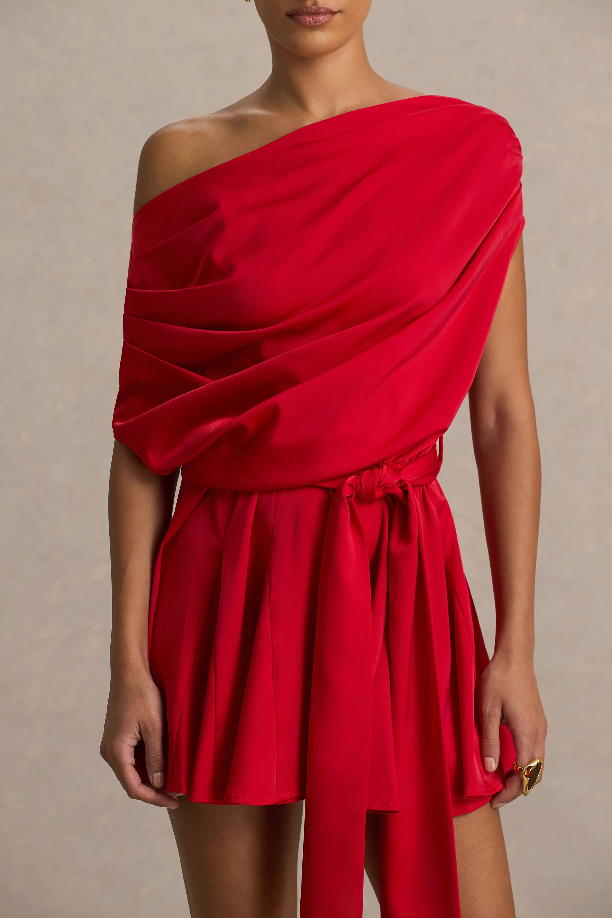 Clydie | Red Satin Asymmetric Romper With Tie-Waist - Image 4