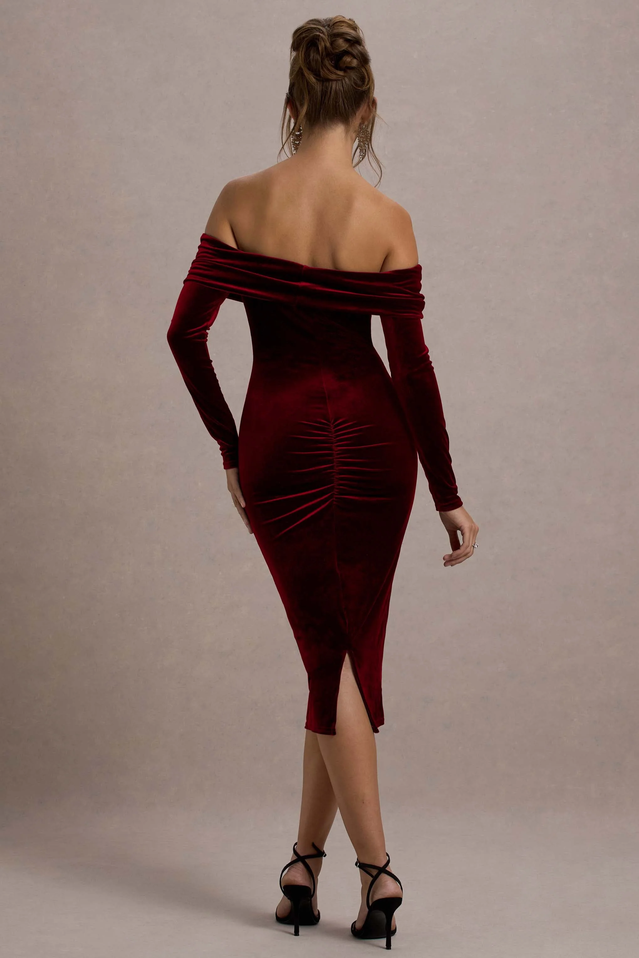 Compliment | Berry Velvet Bardot Midi Dress - Image 2