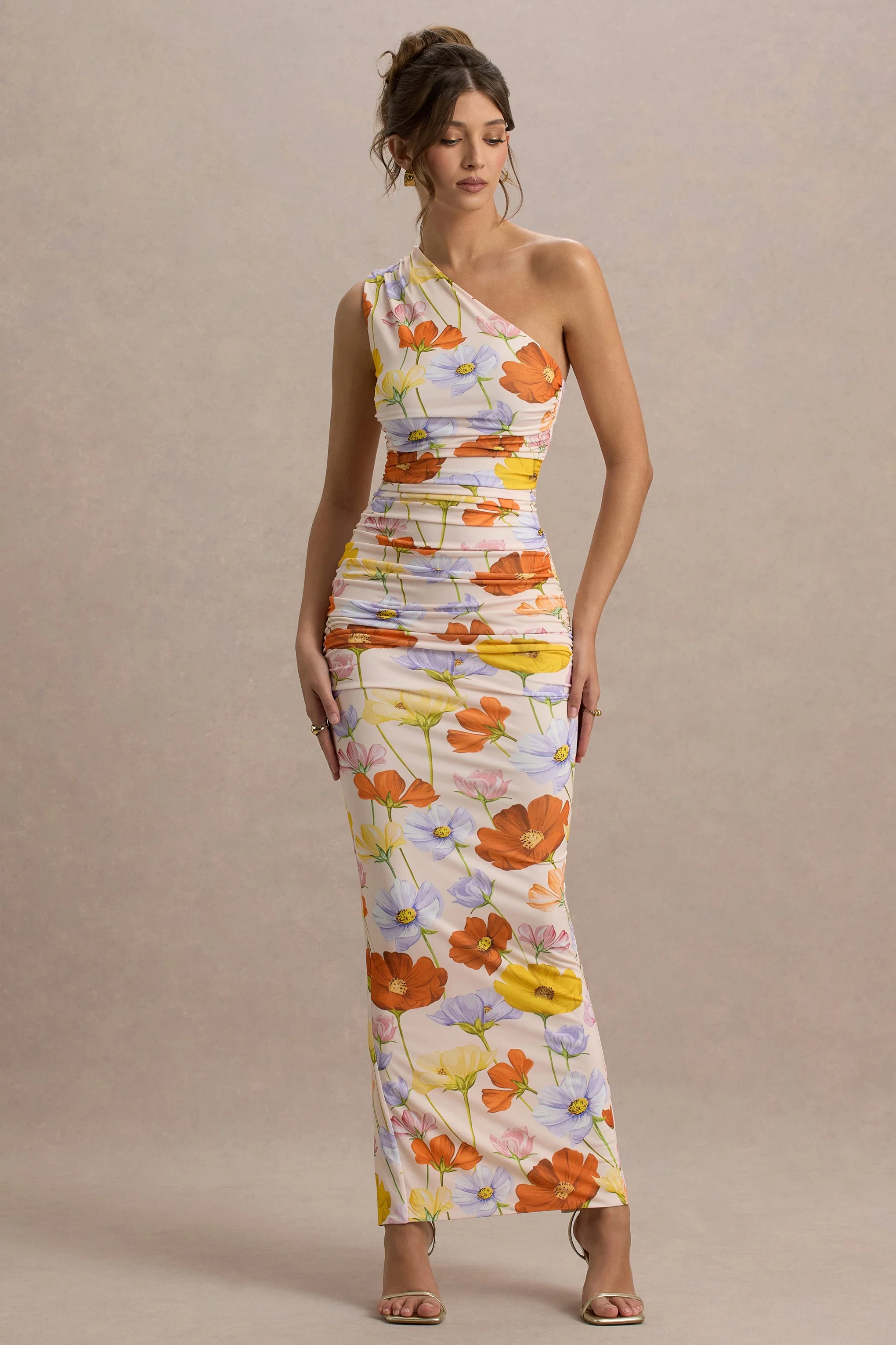Dalarie | Bright Floral Print One-Shoulder Gathered Maxi Dress - Image 3