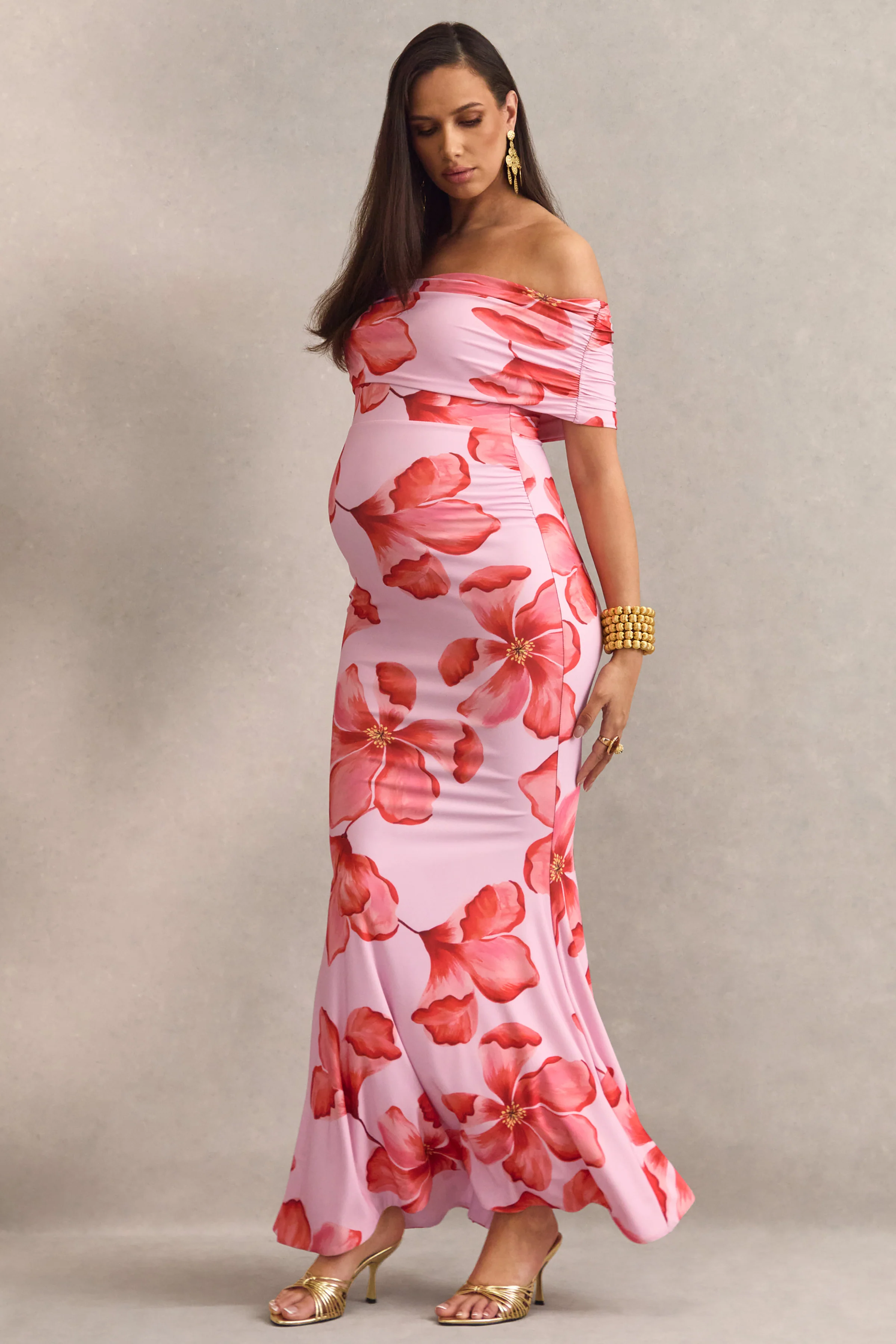 Dalisay | Pink Floral Print Bardot-Neck Maternity Maxi Dress - Image 6