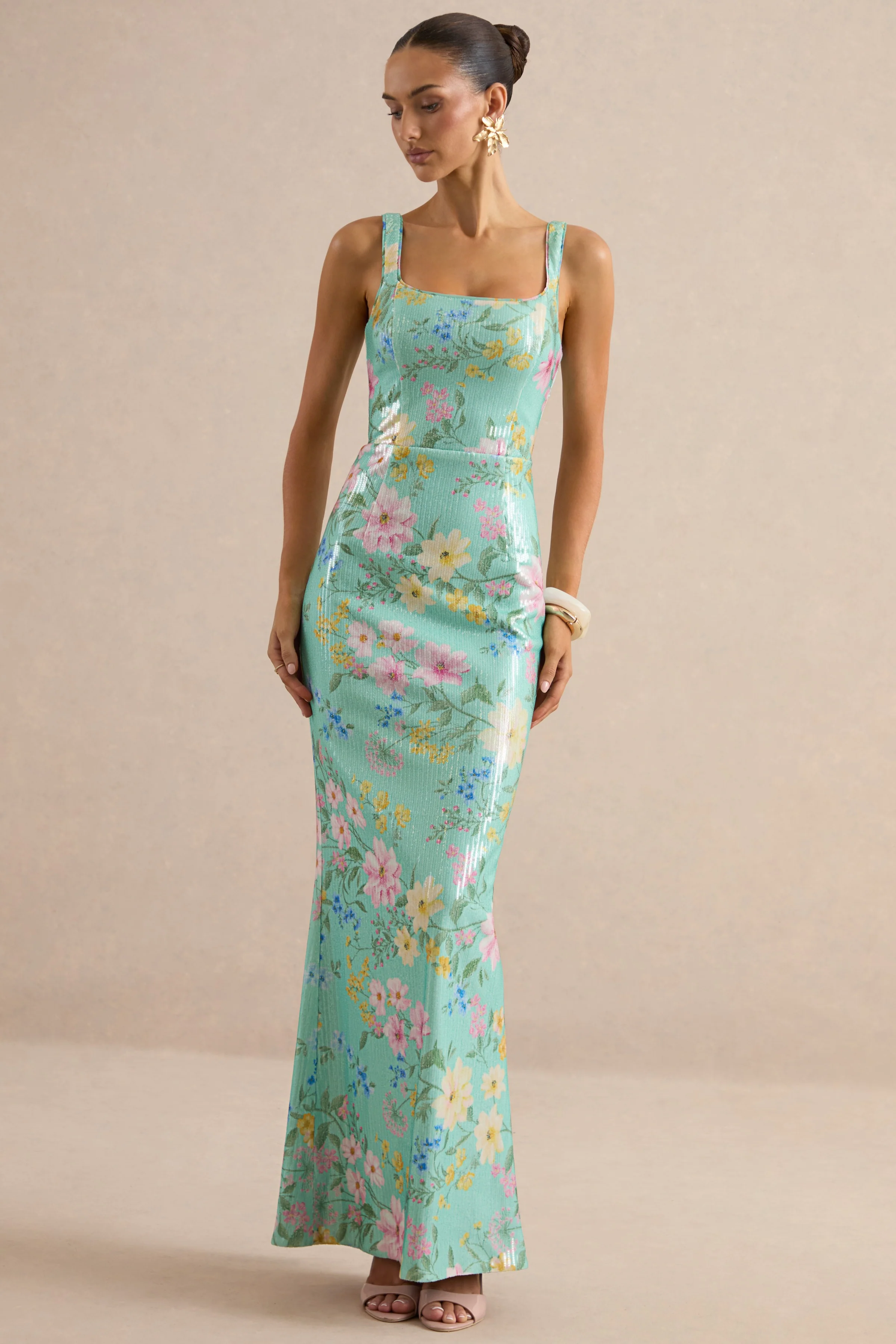 Danette | Mint Floral Print Sequin Square-Neck Maxi Dress