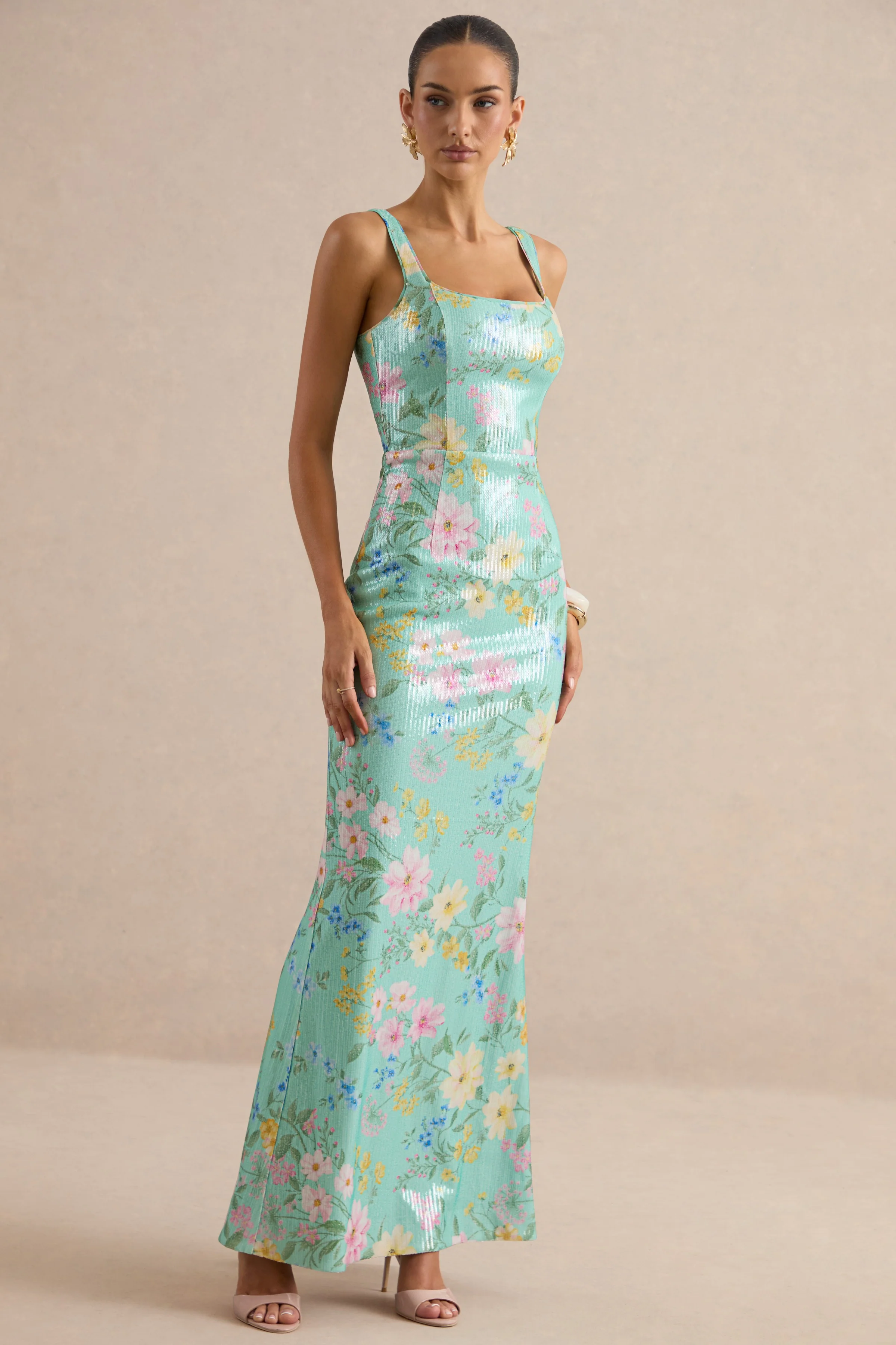 Danette | Mint Floral Print Sequin Square-Neck Maxi Dress - Image 4