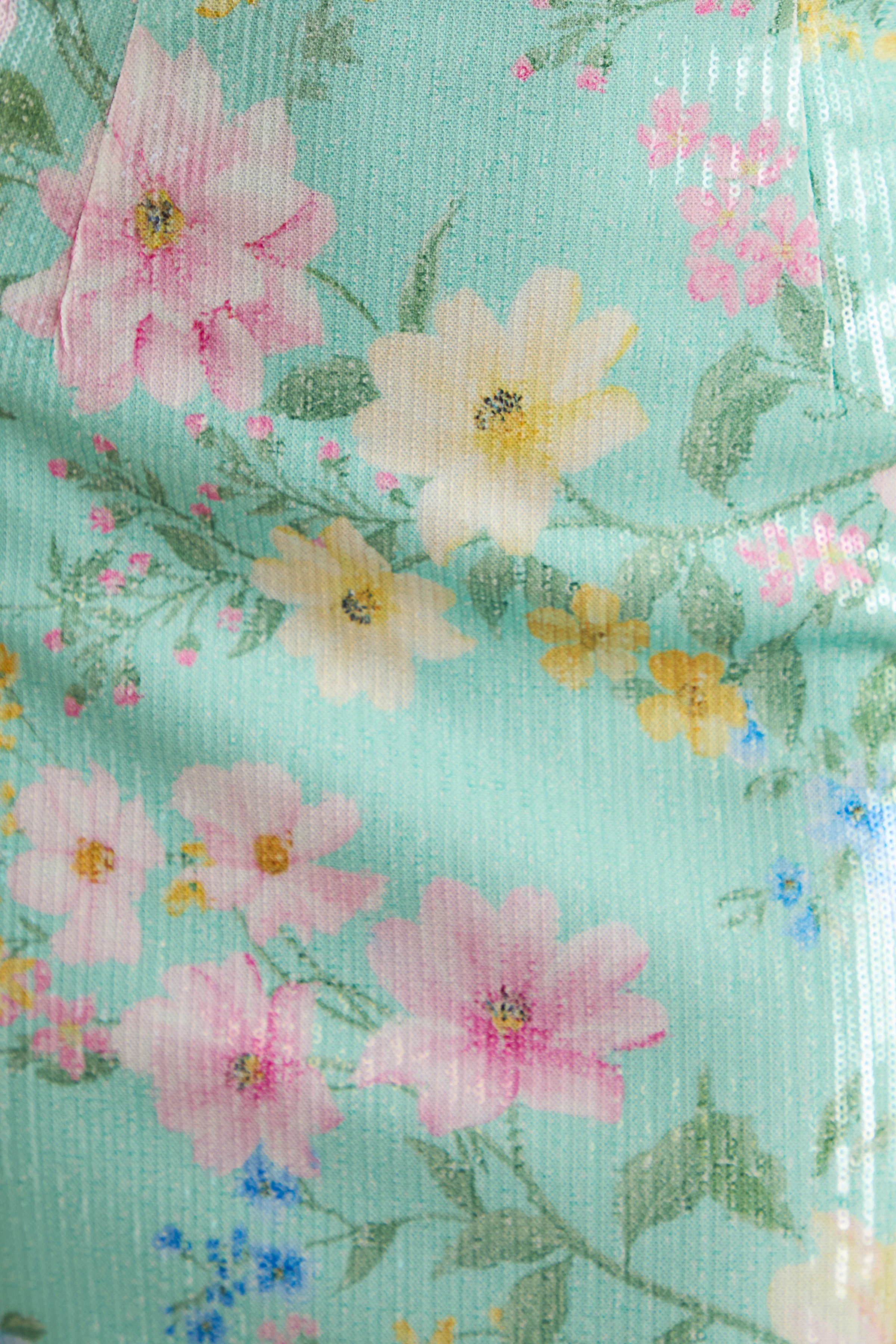 Danette | Mint Floral Print Sequin Square-Neck Maxi Dress - Image 6