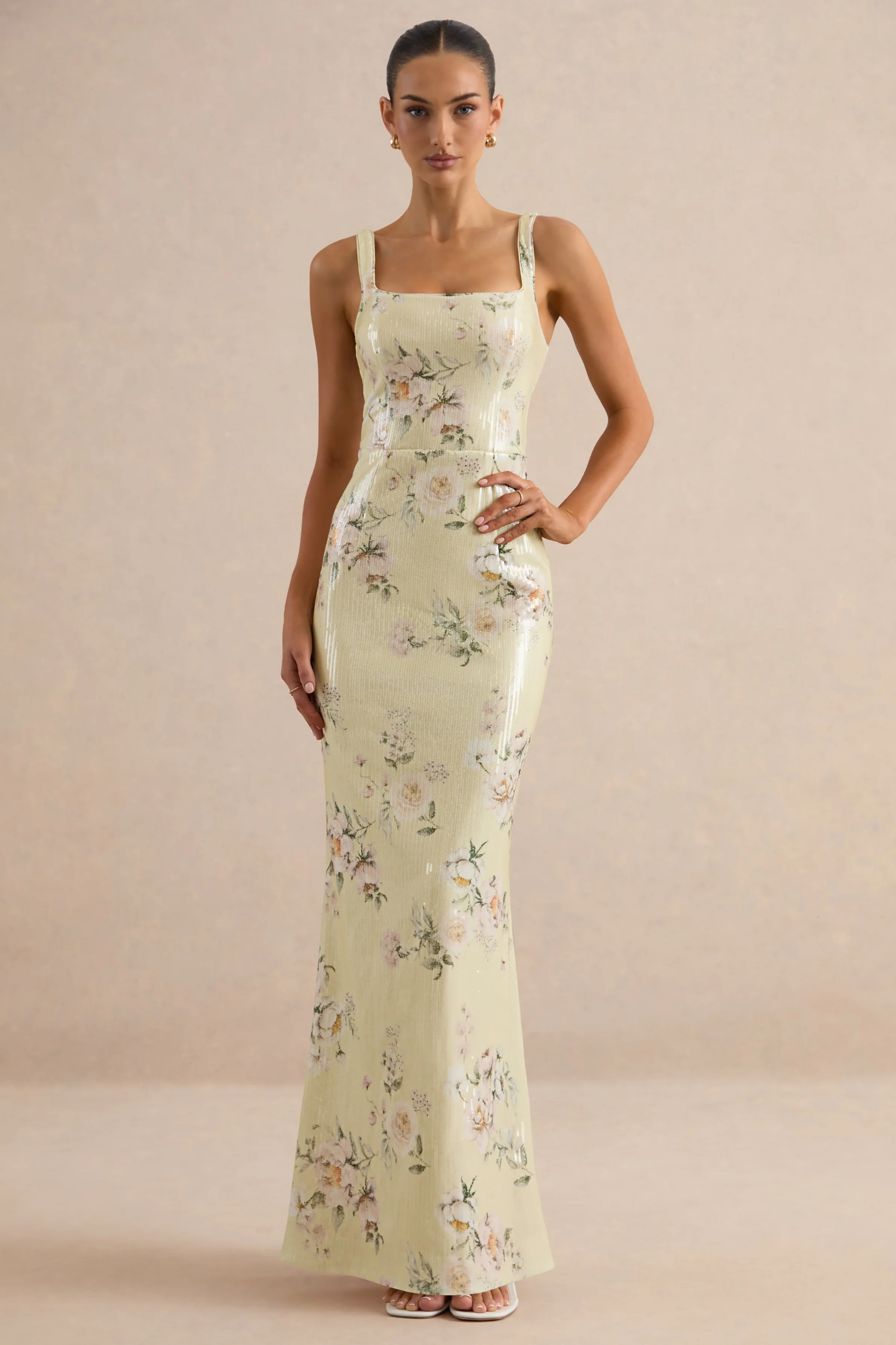 Danette | Yellow Floral Print Sequin Square-Neck Maxi Dress - Image 4