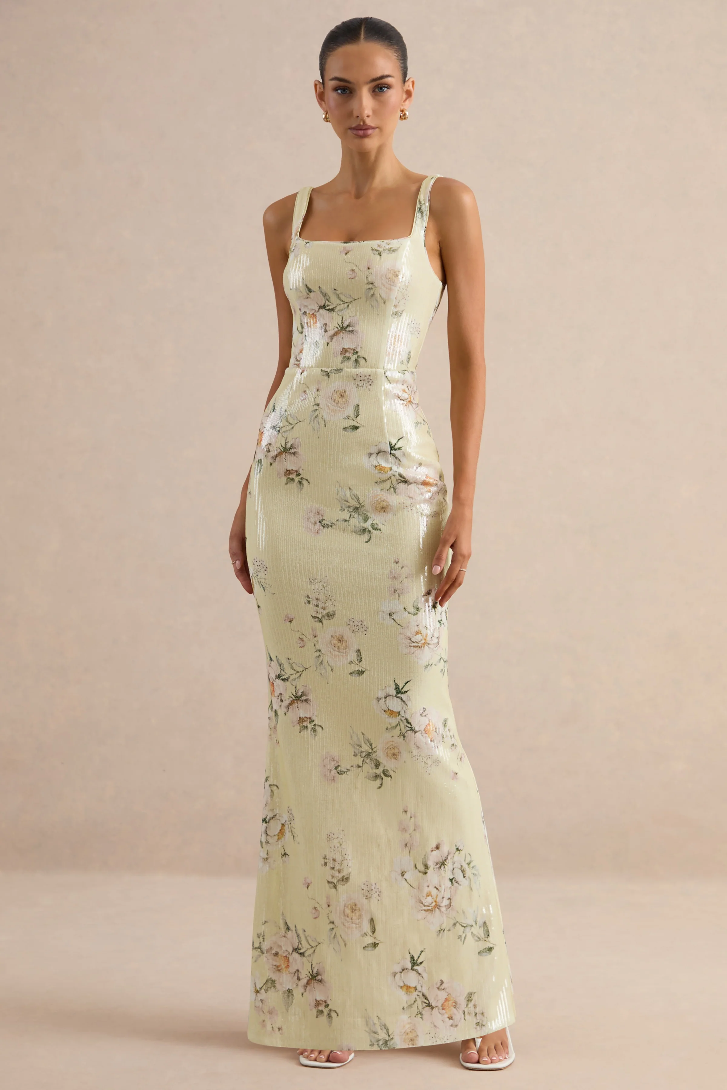 Danette | Yellow Floral Print Sequin Square-Neck Maxi Dress - Image 5