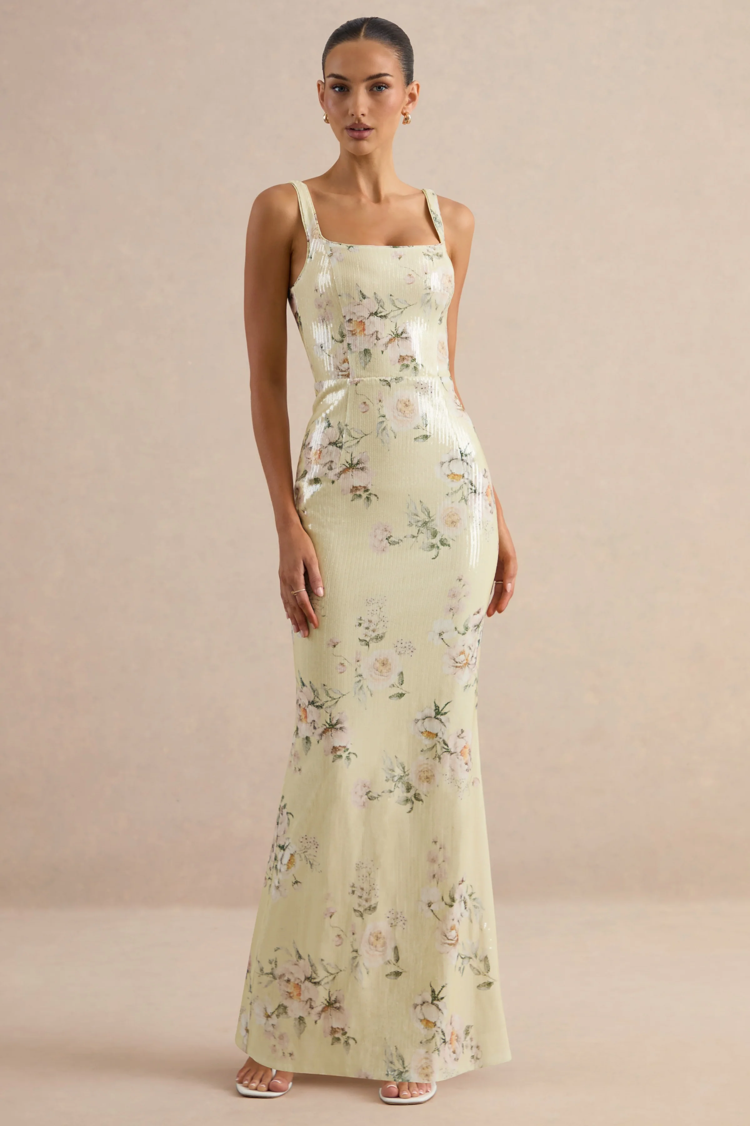 Danette | Yellow Floral Print Sequin Square-Neck Maxi Dress - Image 7