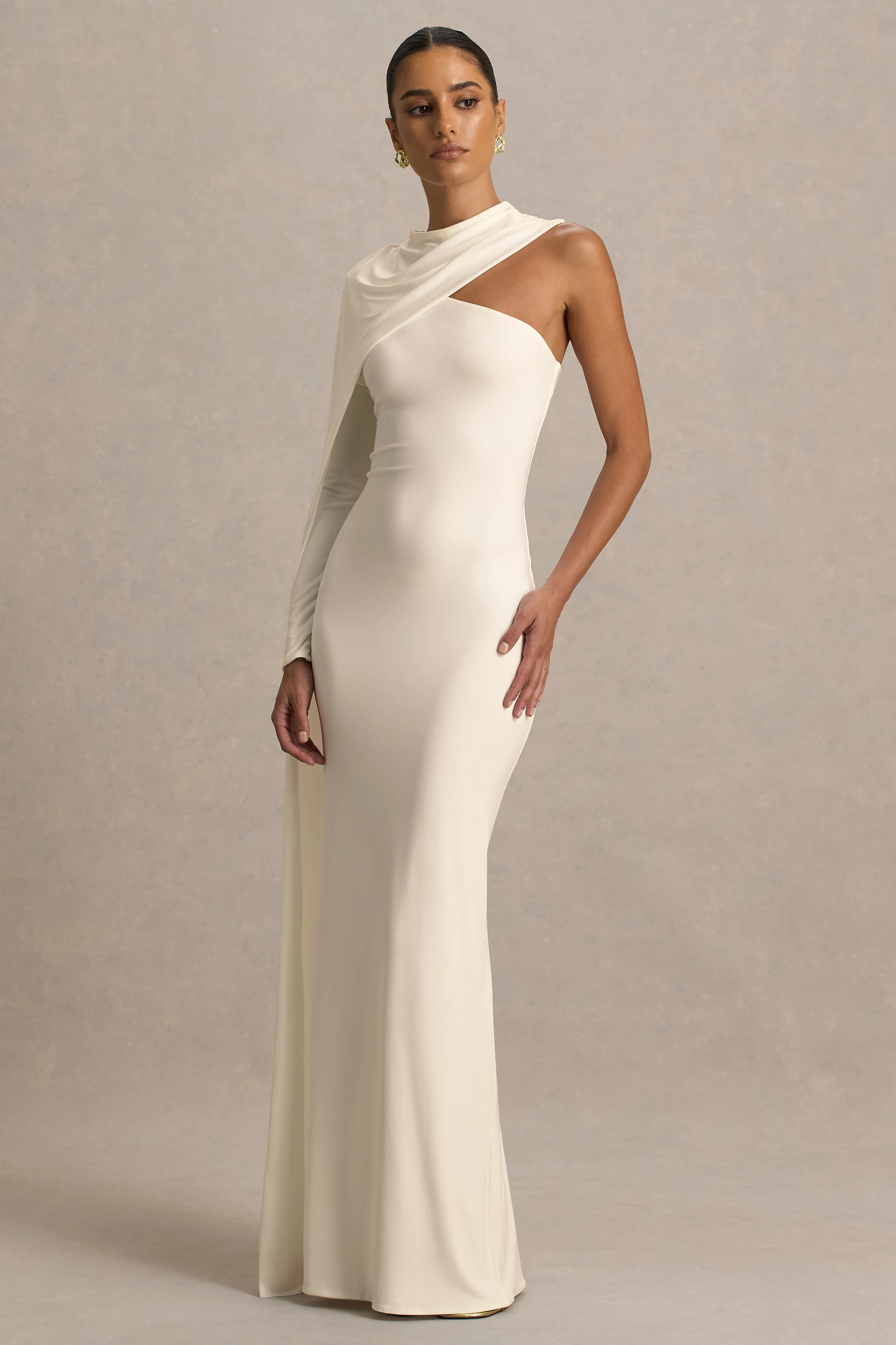 Dawn | Cream High-Neck Maxi Dress With One Long Cape-Sleeve - Image 3
