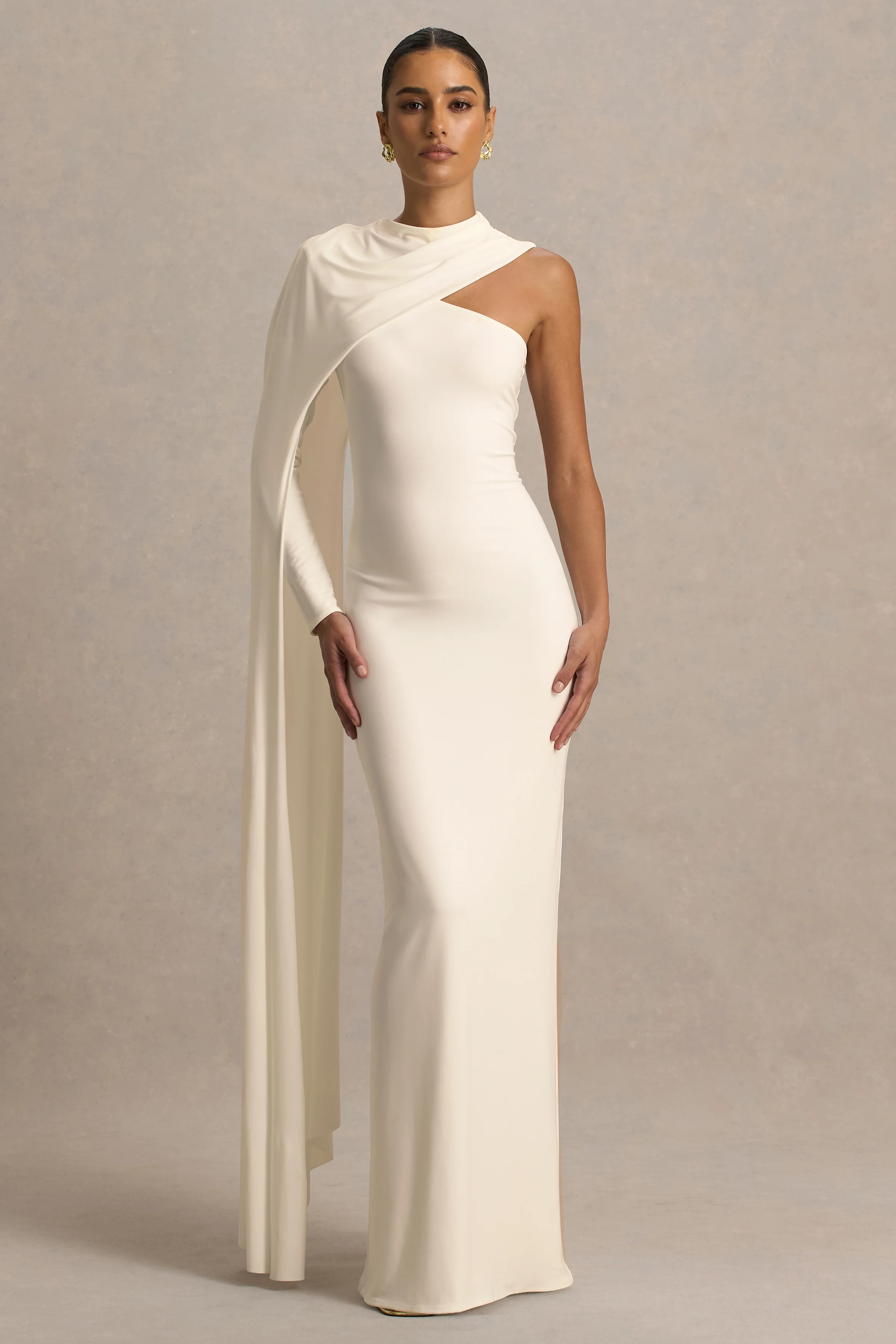Dawn | Cream High-Neck Maxi Dress With One Long Cape-Sleeve - Image 5