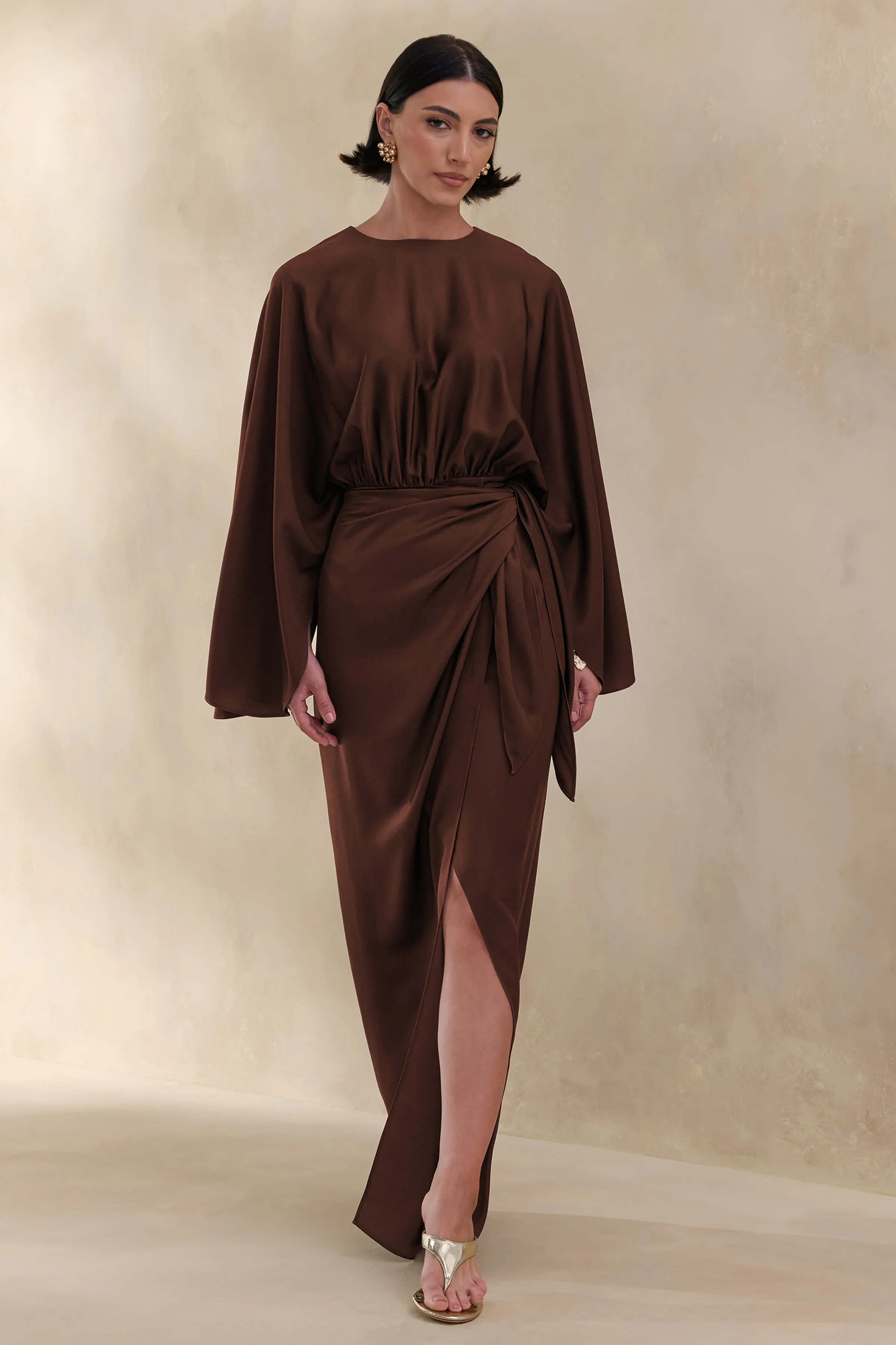 Delphina | Brown Satin Maxi Dress With Gathered And Knot-Detail - Image 6