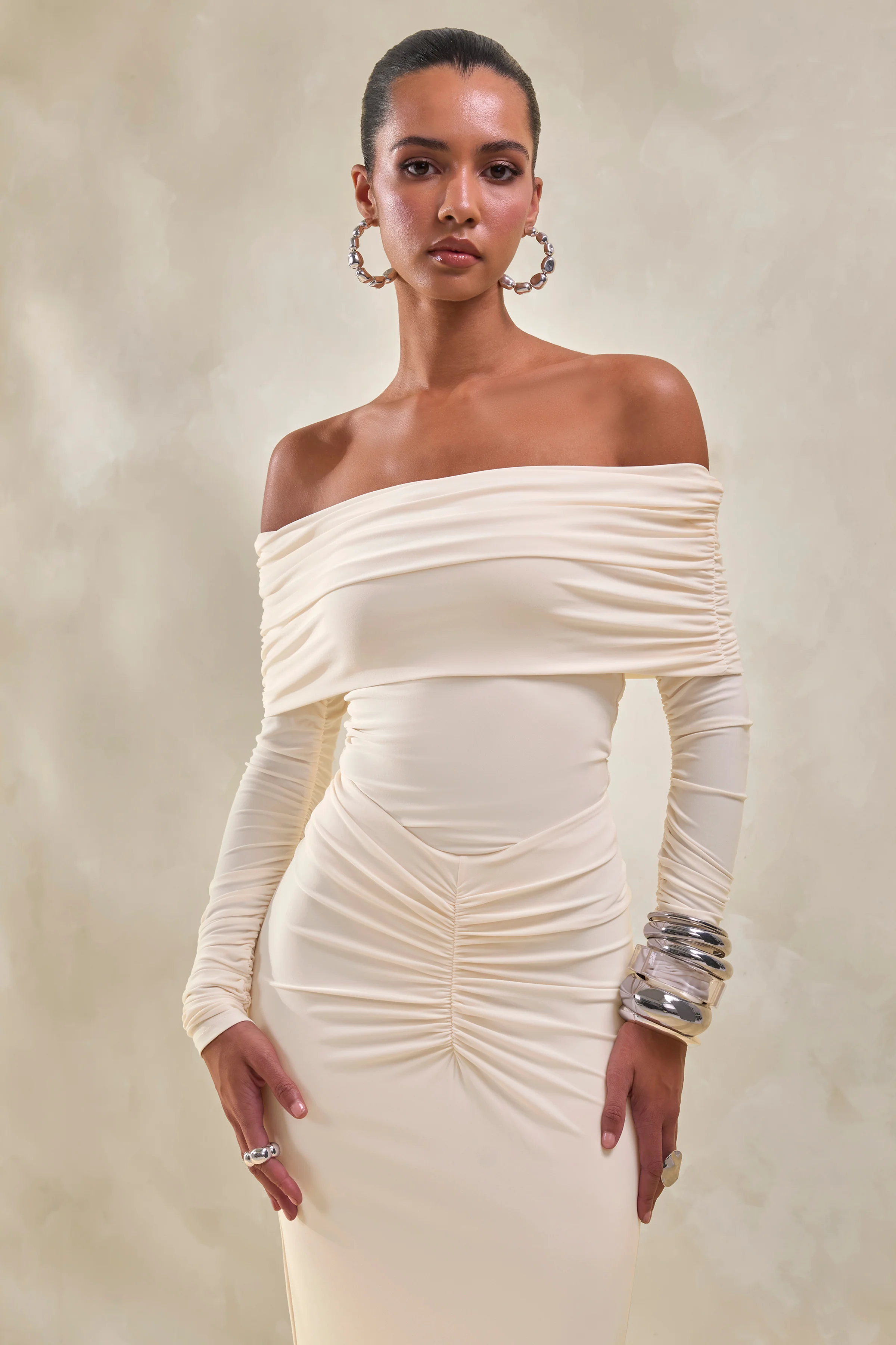 Drina | Cream Bardot Neck Thong Bodysuit With Ruched Long Sleeves - Image 5