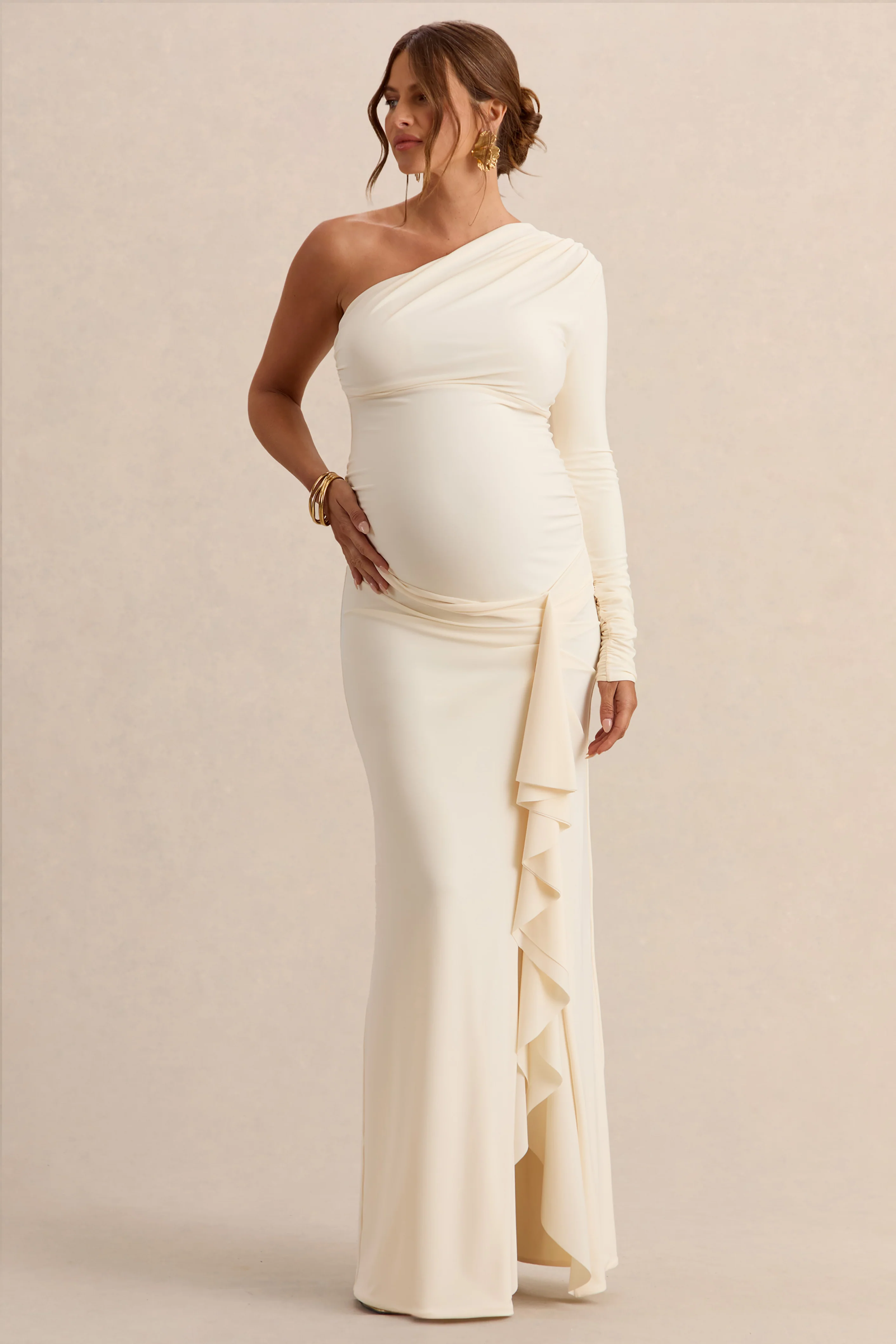 Drusilla | Cream Asymmetric-Neck Maternity Maxi Dress With Gathered Detailing