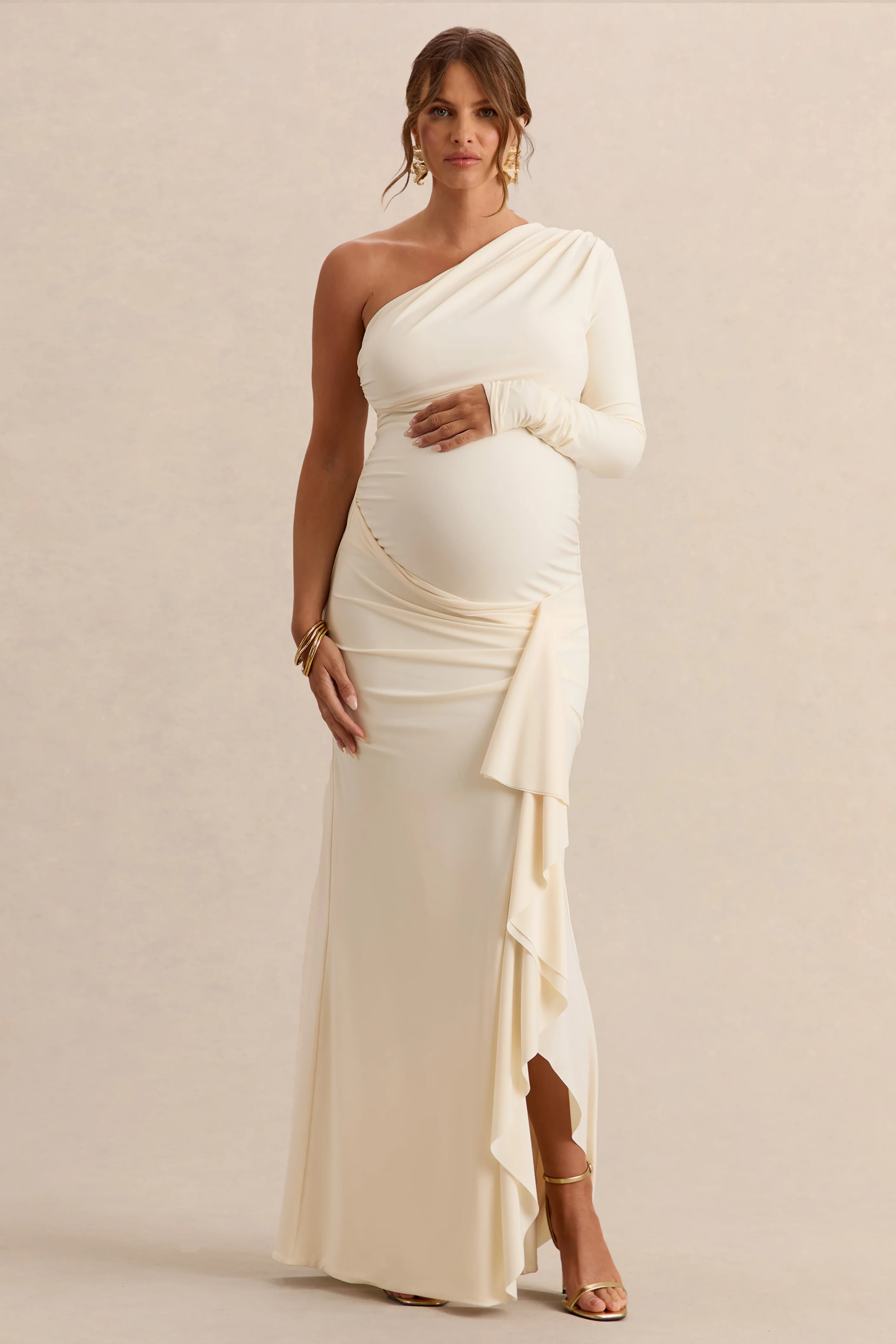 Drusilla | Cream Asymmetric-Neck Maternity Maxi Dress With Gathered Detailing - Image 4