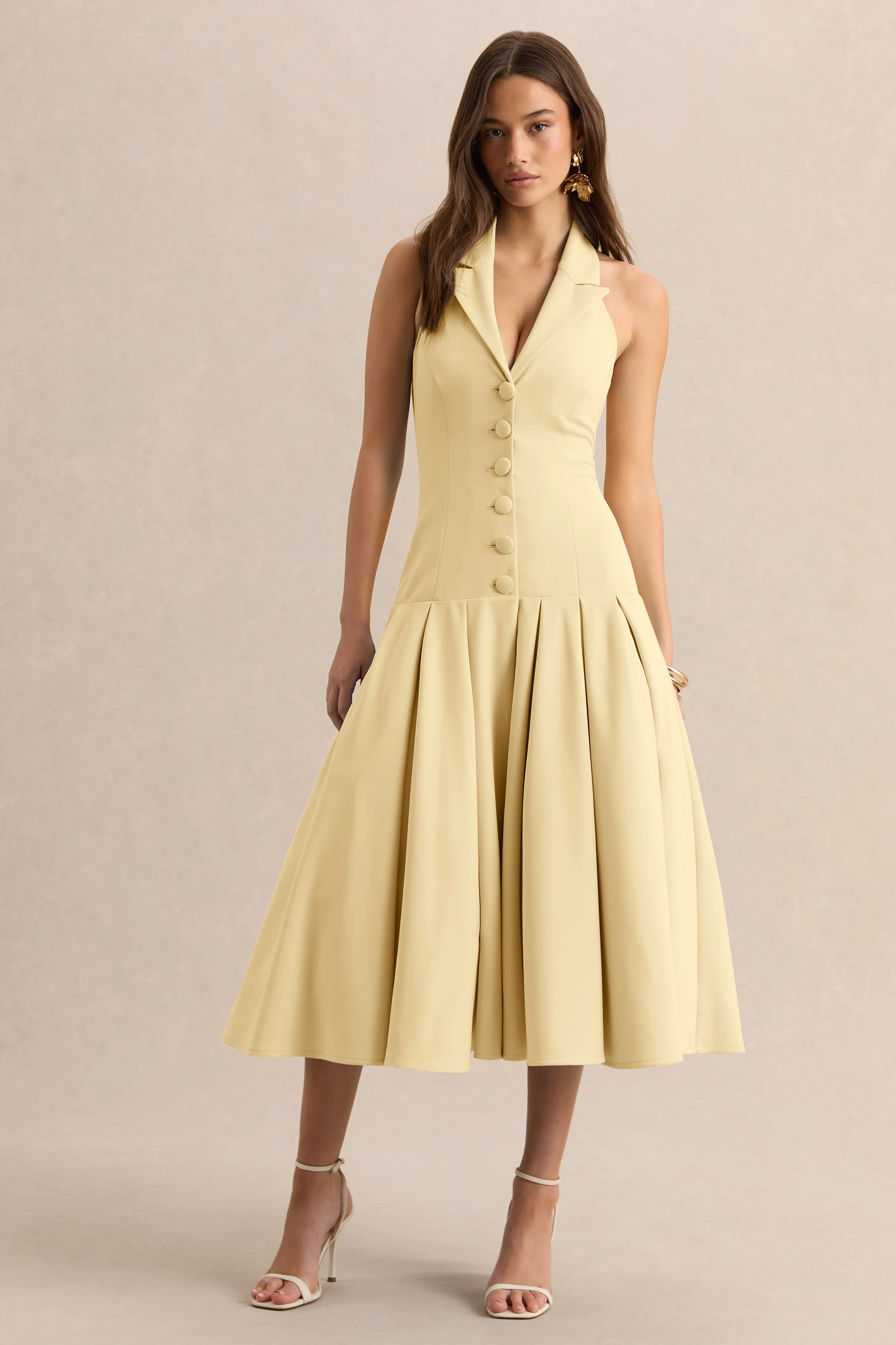 Elise | Lemon Plunge-Neck Midi Dress With Drop-Waist - Image 5