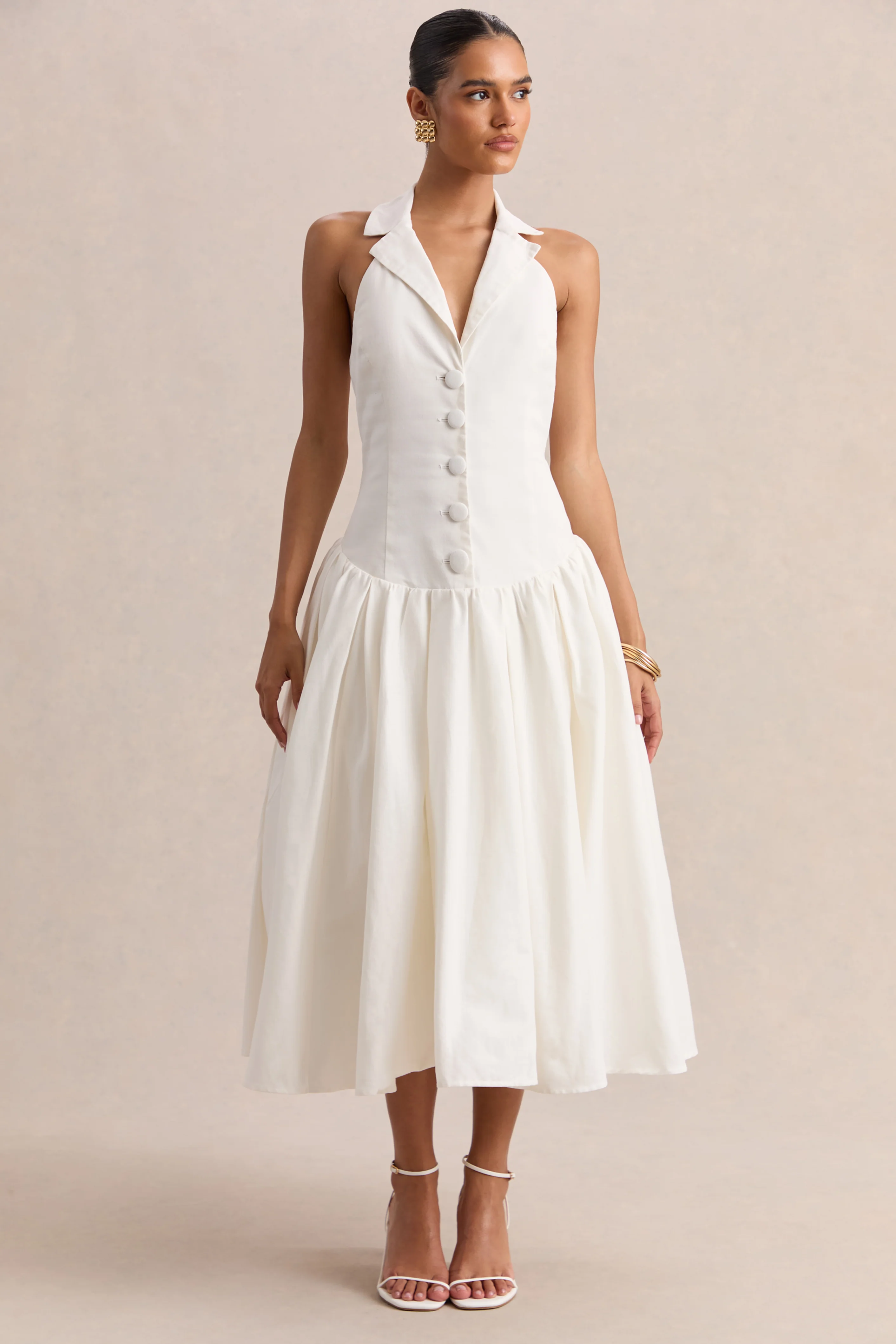Ella | White Plunge-Neck Midi Dress With Drop-Waist - Image 3