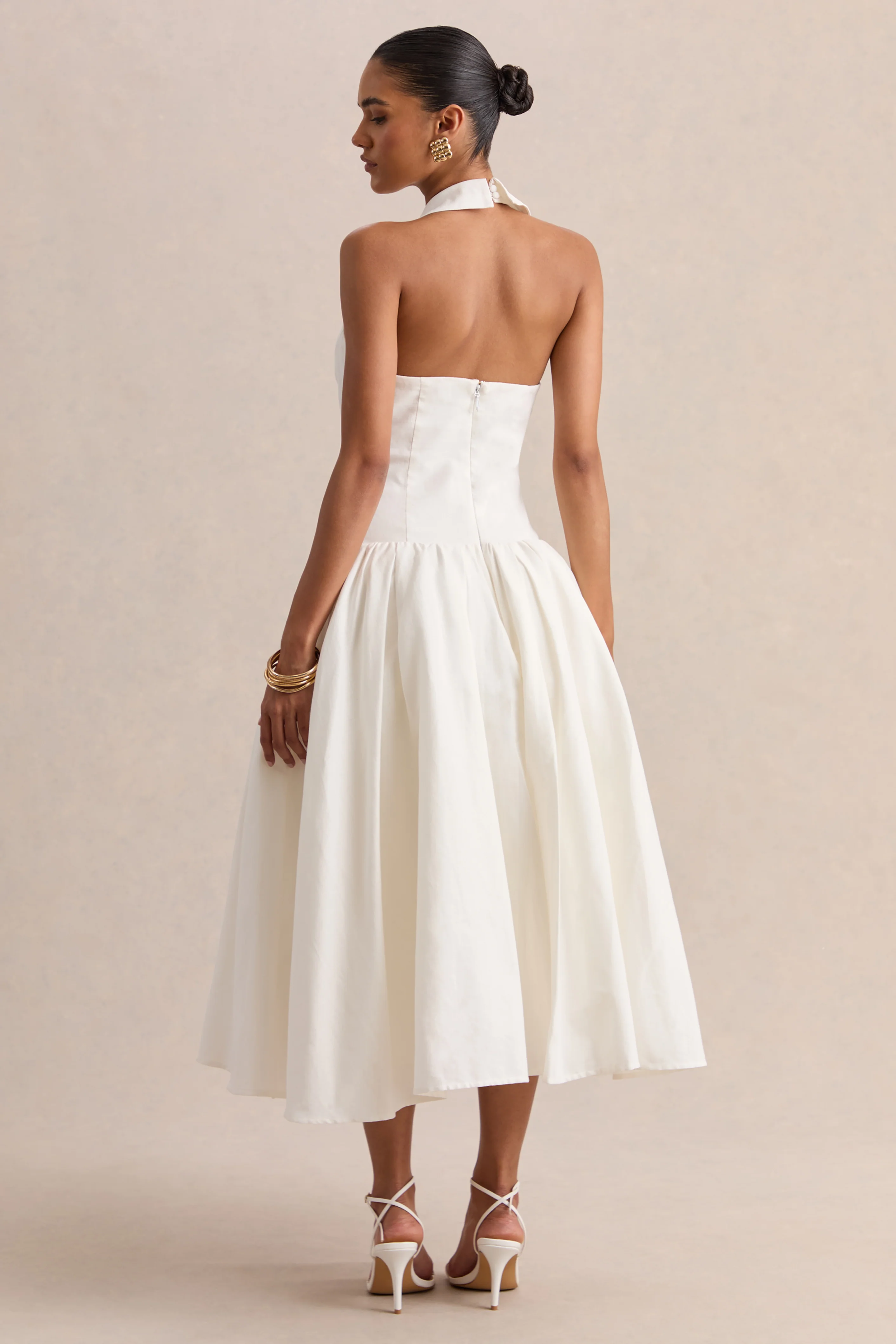 Ella | White Plunge-Neck Midi Dress With Drop-Waist - Image 4