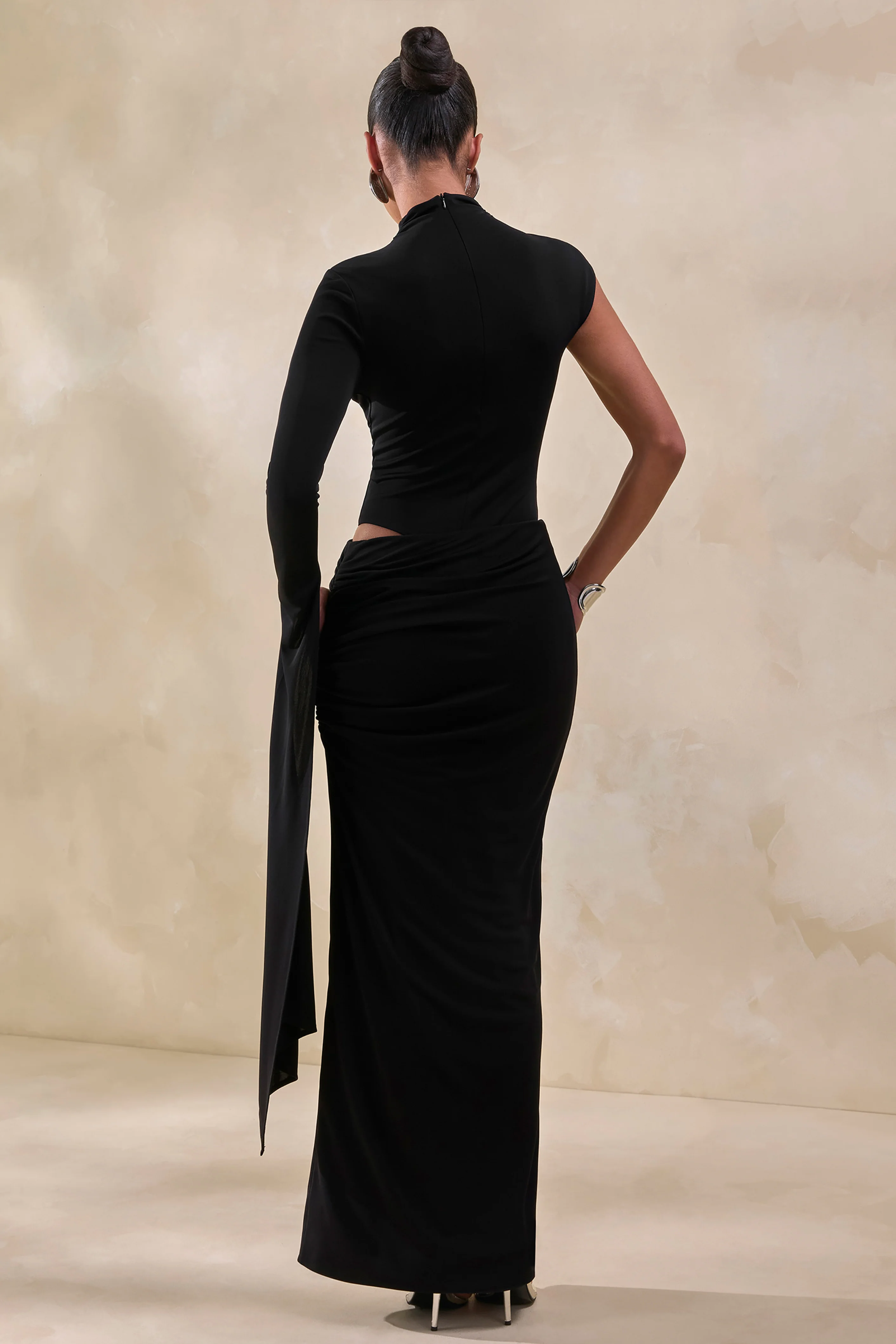 Ellora | Black High-Neck One Sleeve Thong Bodysuit - Image 2