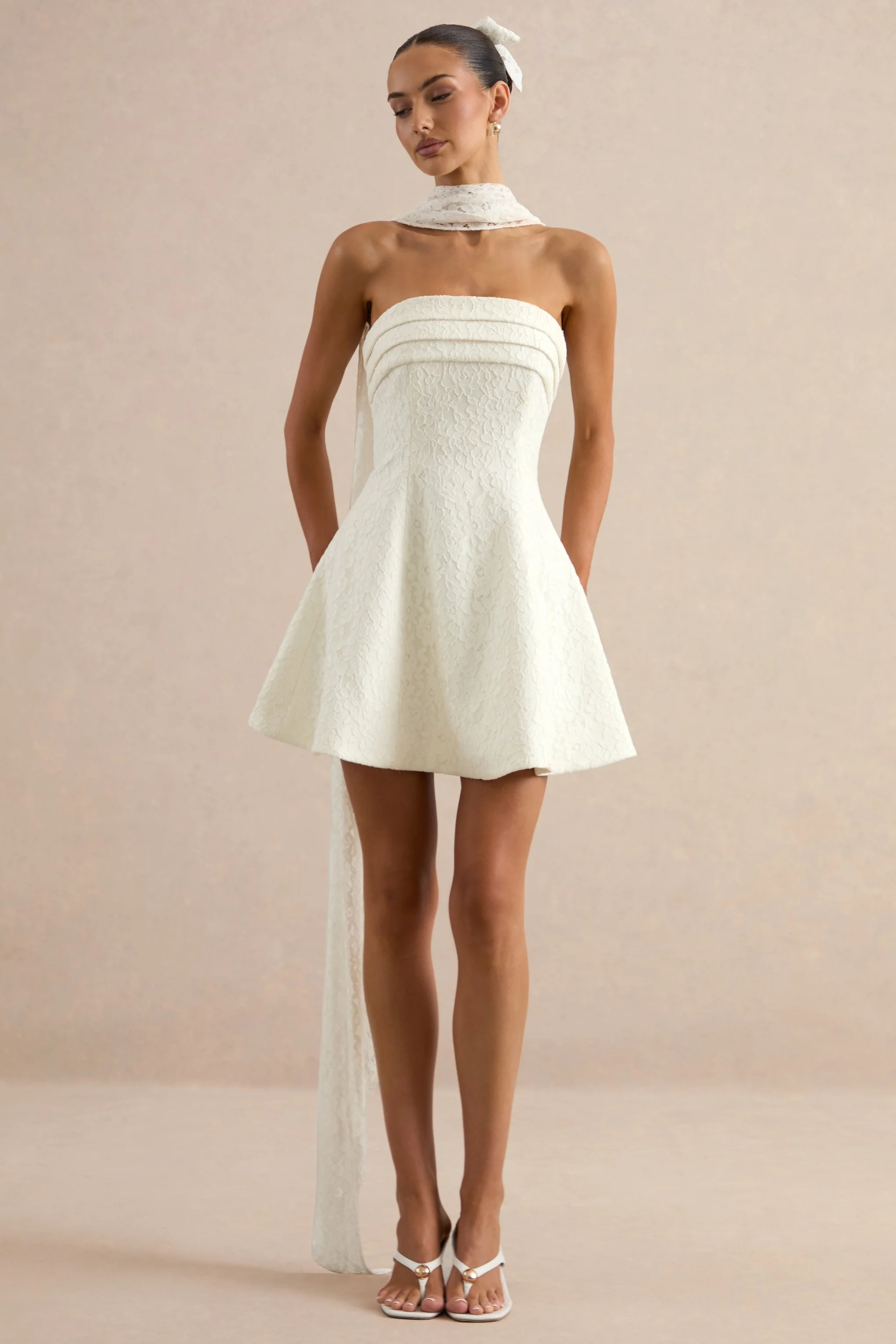 Elvara | White Lace Bandeau-Neck Mini Dress With Scarf Detail