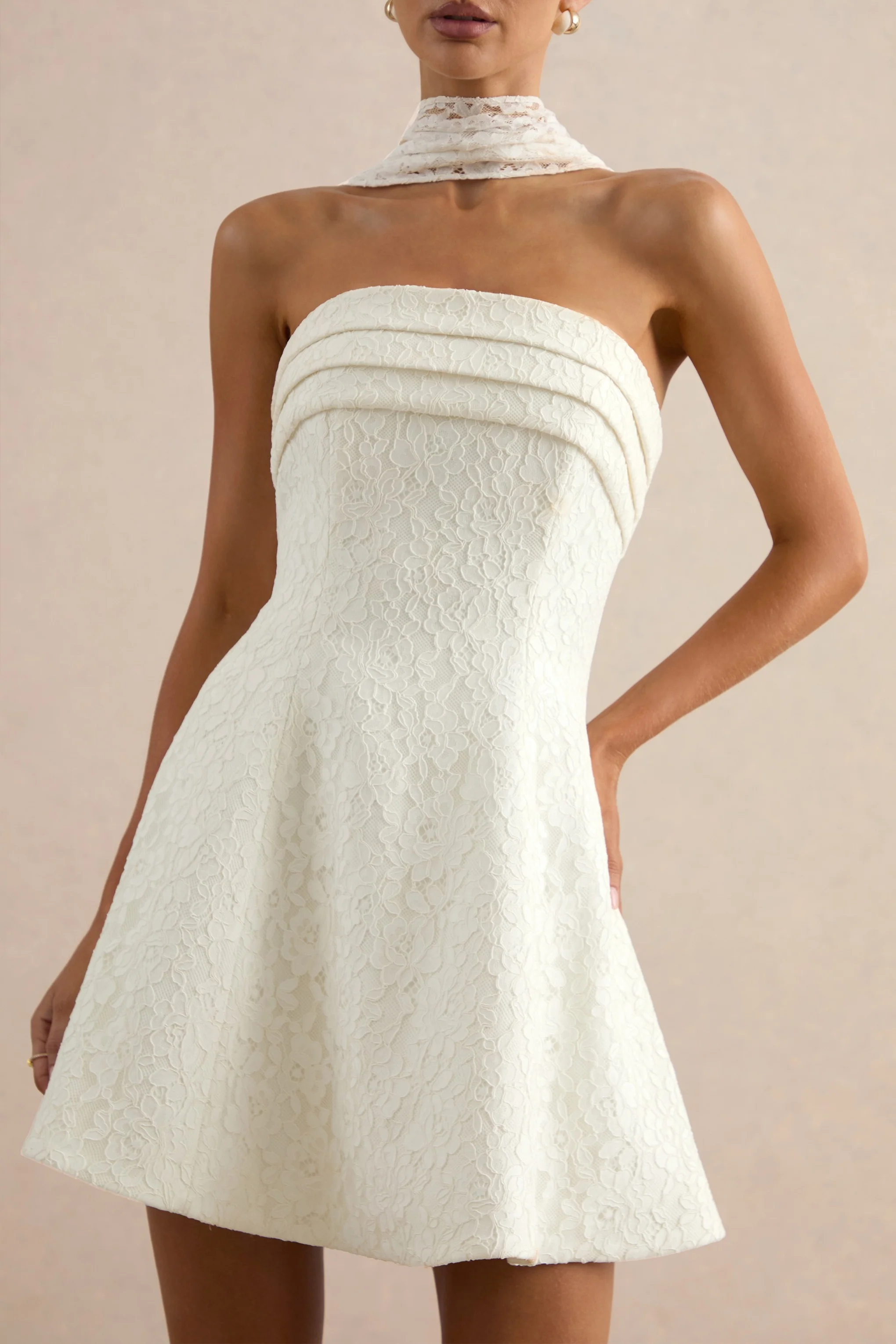 Elvara | White Lace Bandeau-Neck Mini Dress With Scarf Detail - Image 3