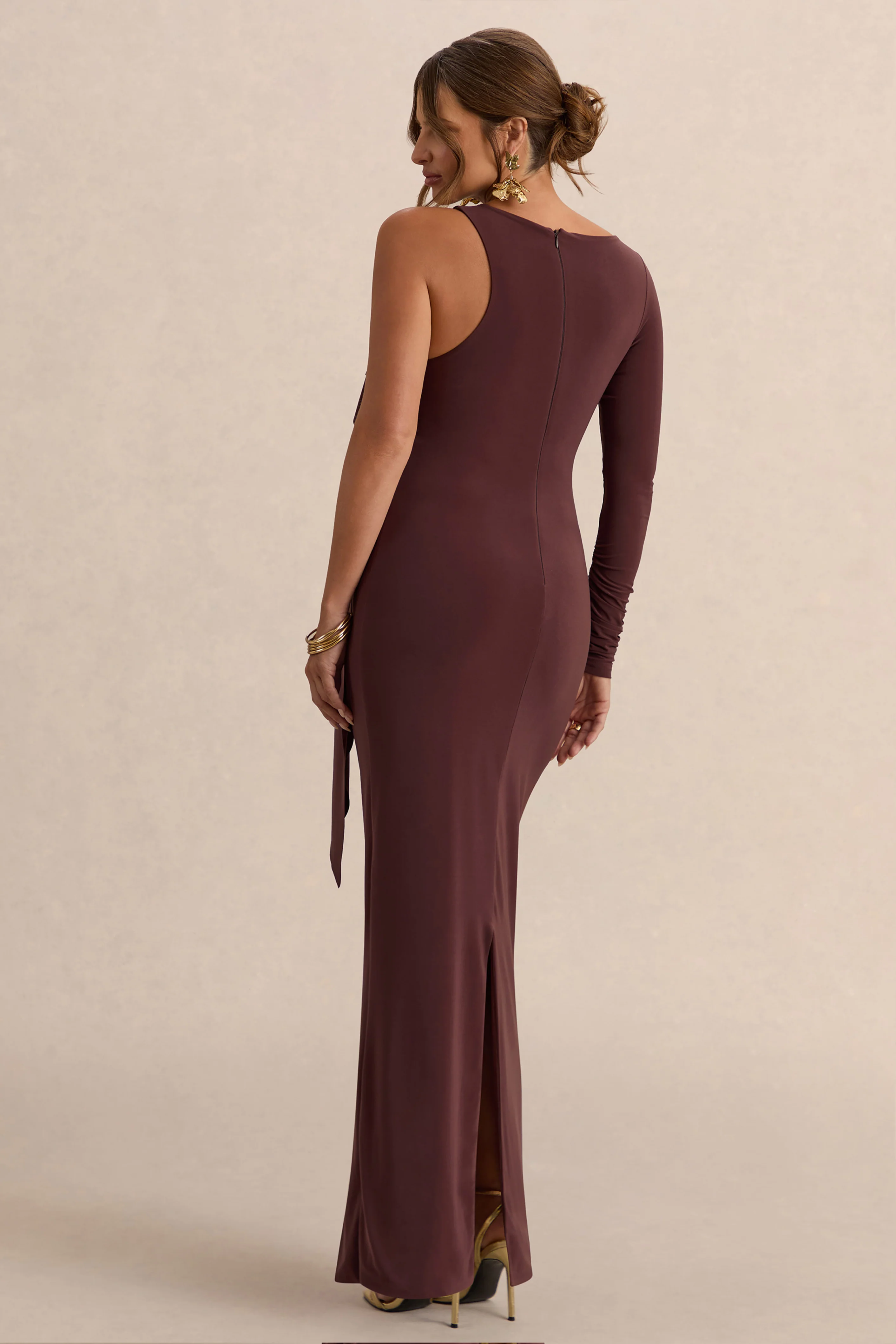 Emanuela | Dark Brown Boat-Neck Maternity Maxi Dress With Sash Detail - Image 2