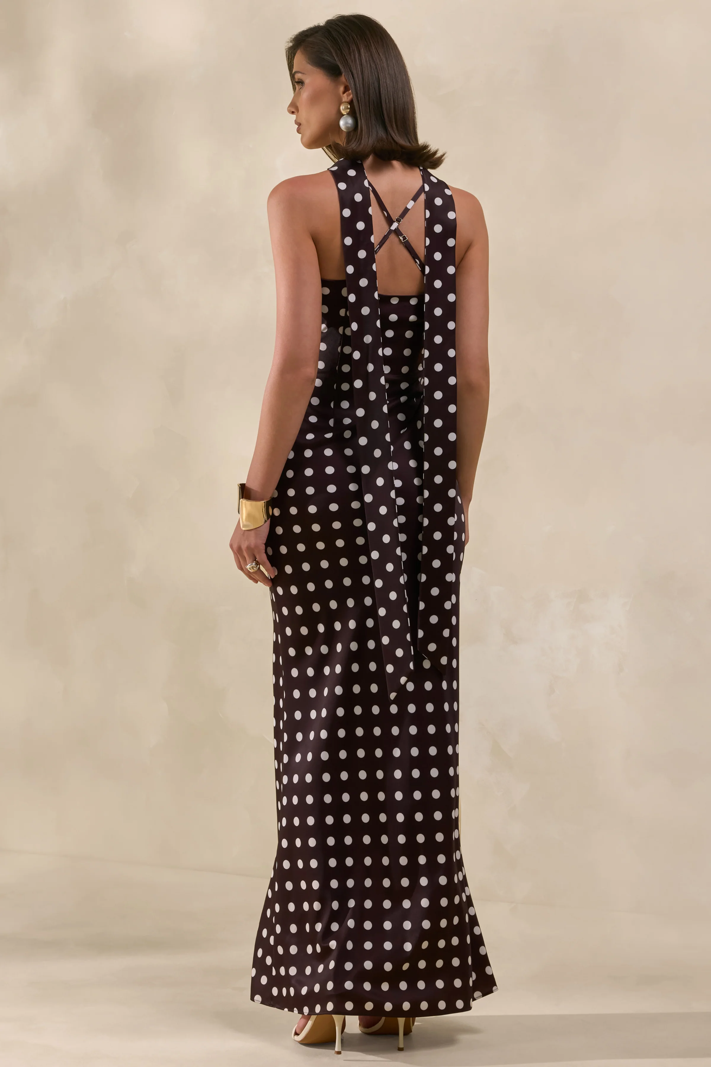 Emaria | Brown Polka-Dot Satin Cowl-Maxi Dress With Scarf - Image 8