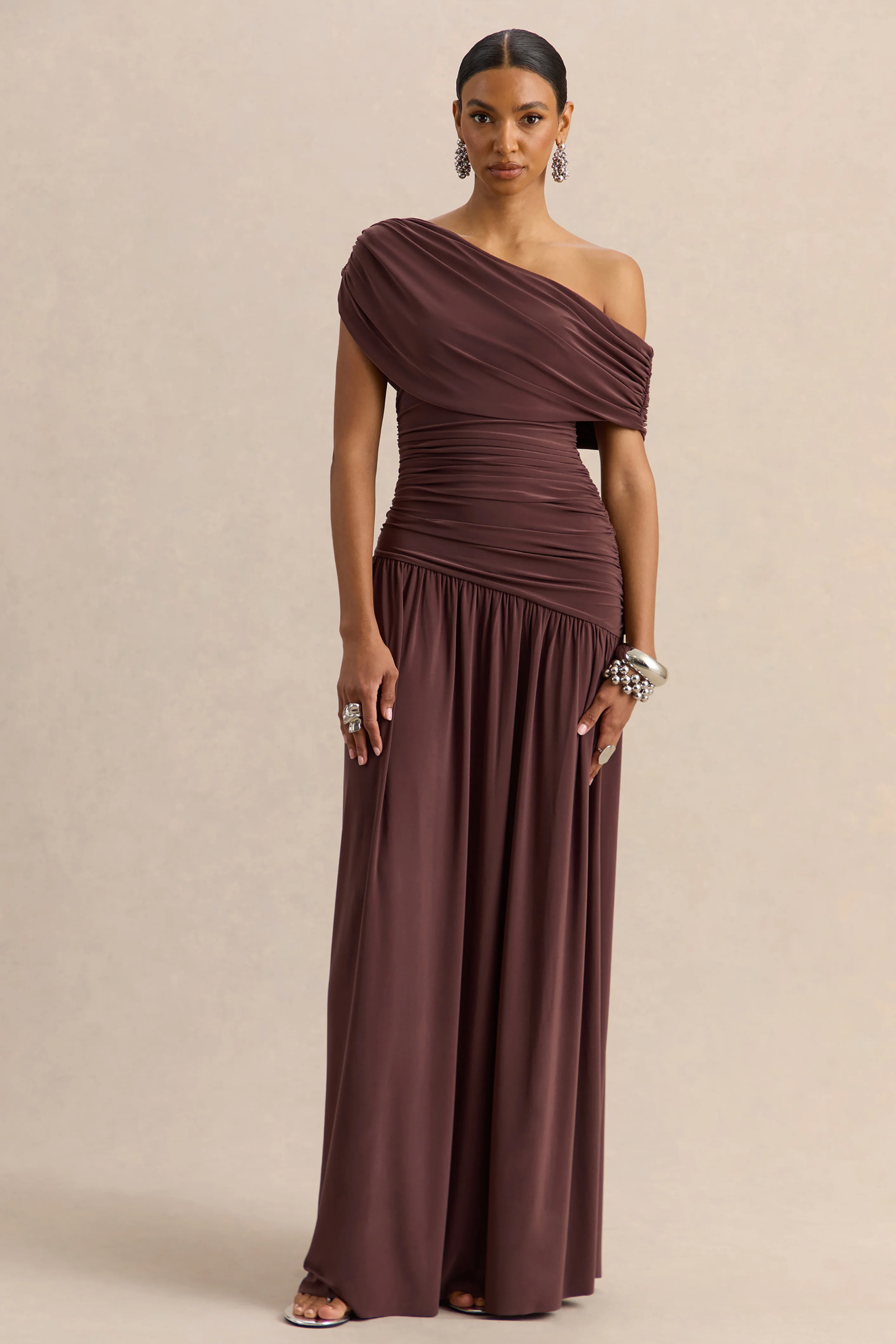 Emberly | Brown Draped Asymmetric-Neck Maxi Dress With Drop-Waist - Image 6
