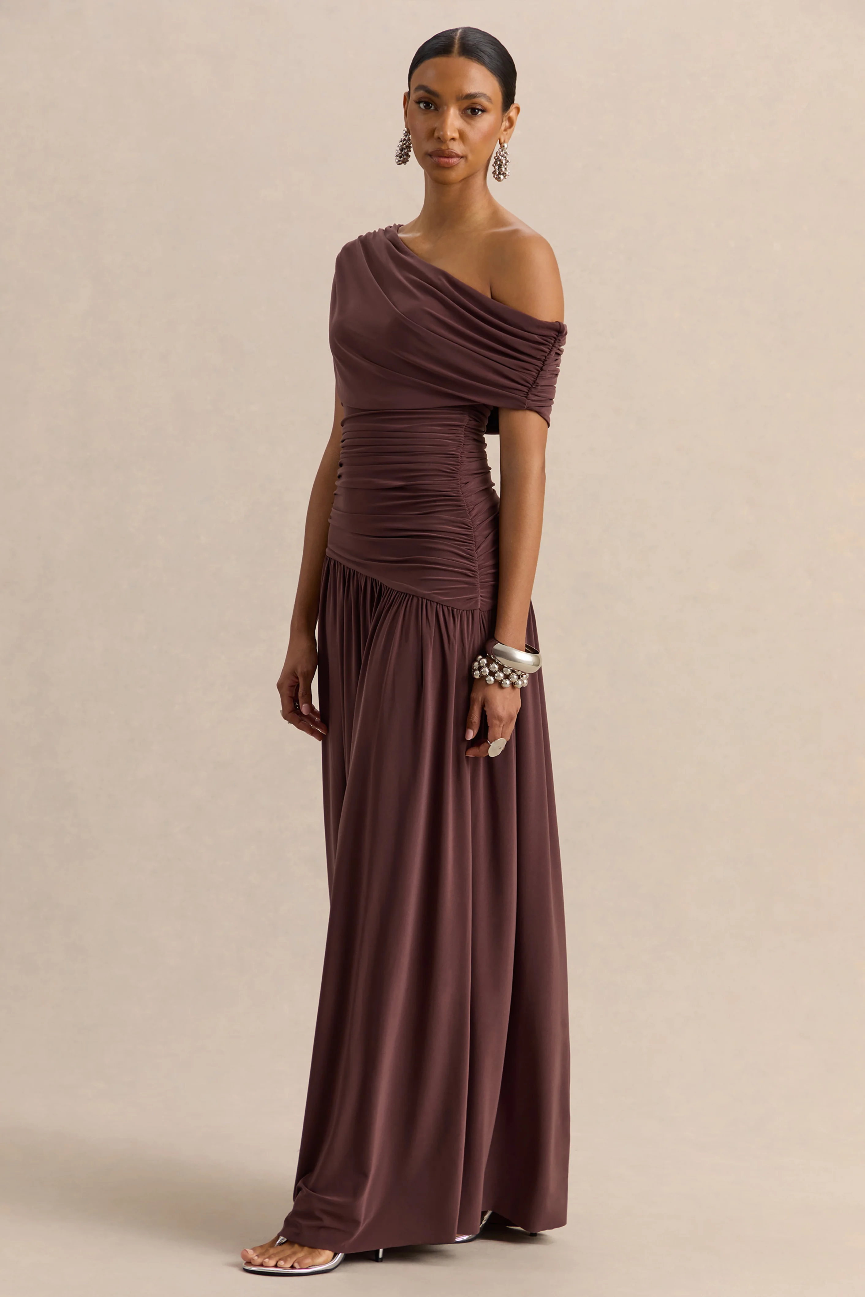 Emberly | Brown Draped Asymmetric-Neck Maxi Dress With Drop-Waist - Image 7