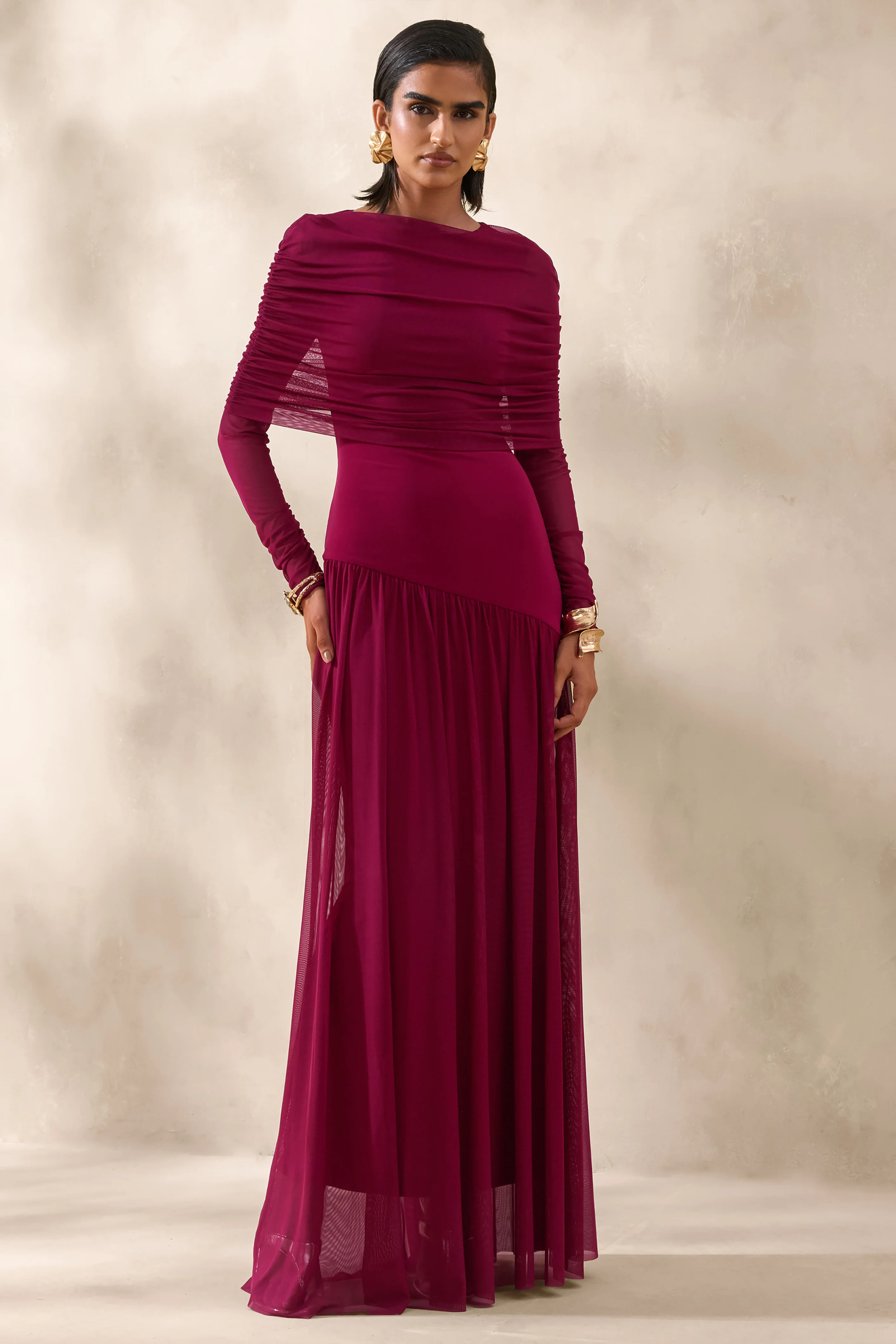 Enalia | Burgundy Mesh High-Neck Maxi Dress With Short-Cape - Image 4