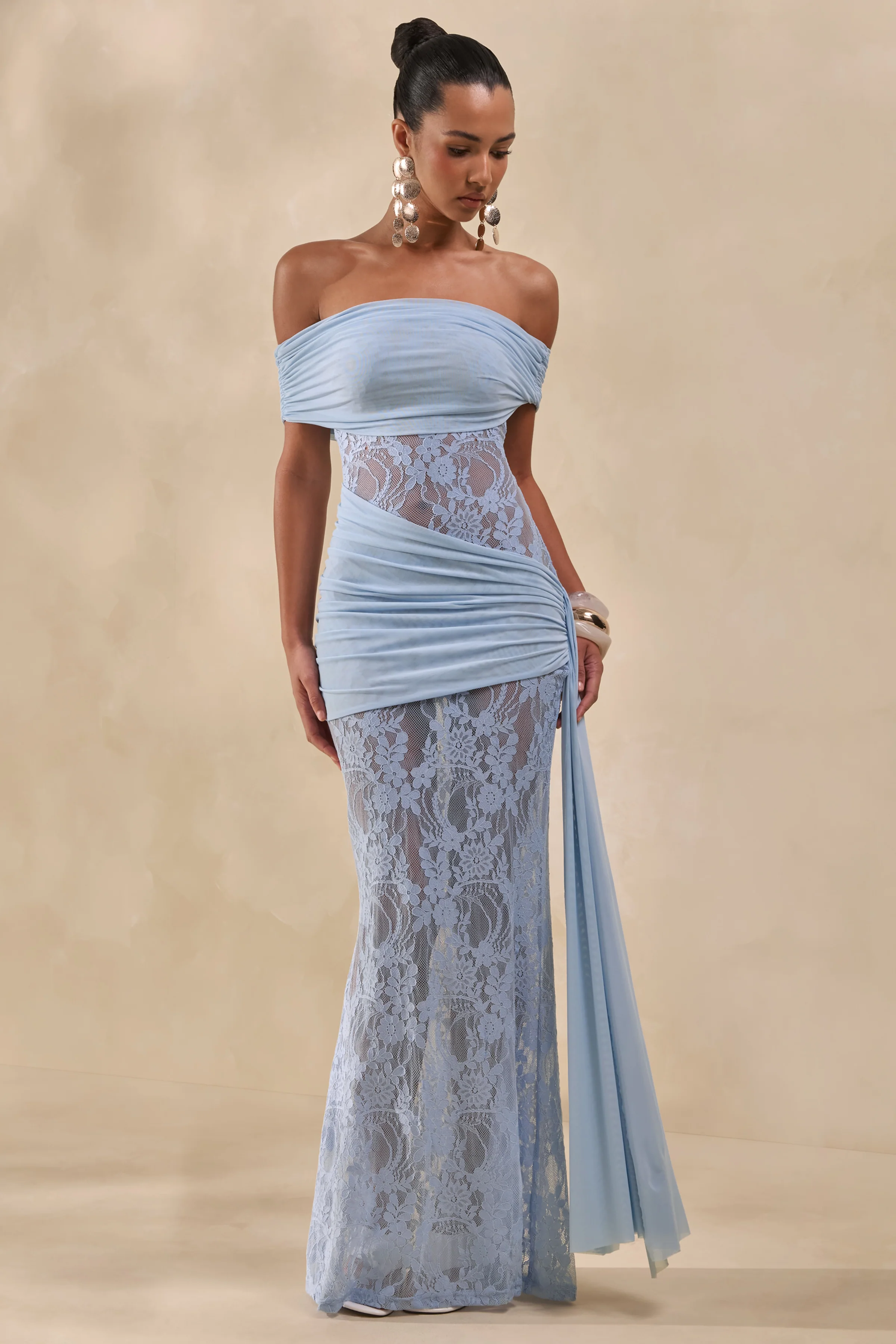 Enavine | Powder Blue Lace Bardot-Neck Maxi Dress With Gathered-Detailing And Sash - Image 4