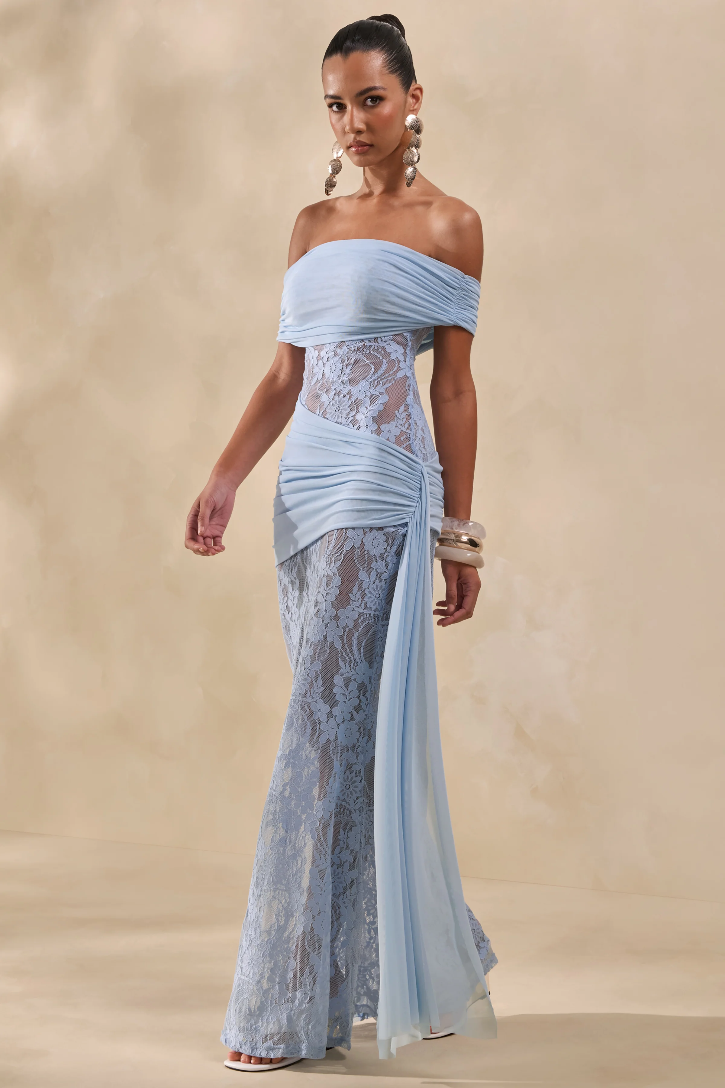 Enavine | Powder Blue Lace Bardot-Neck Maxi Dress With Gathered-Detailing And Sash - Image 5