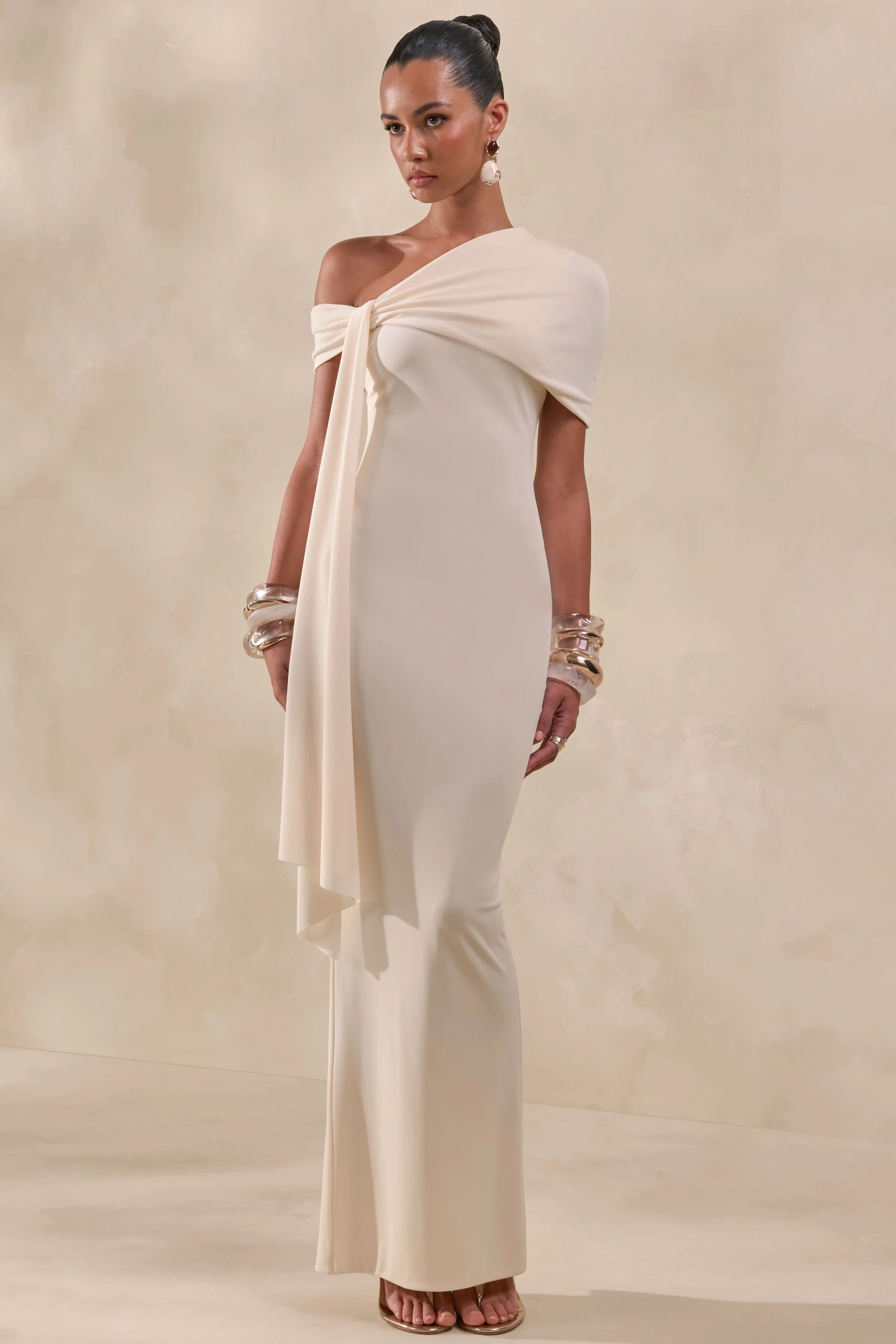 Esalina | Cream Asymmetric-Neck Maxi Dress With Sash - Image 4