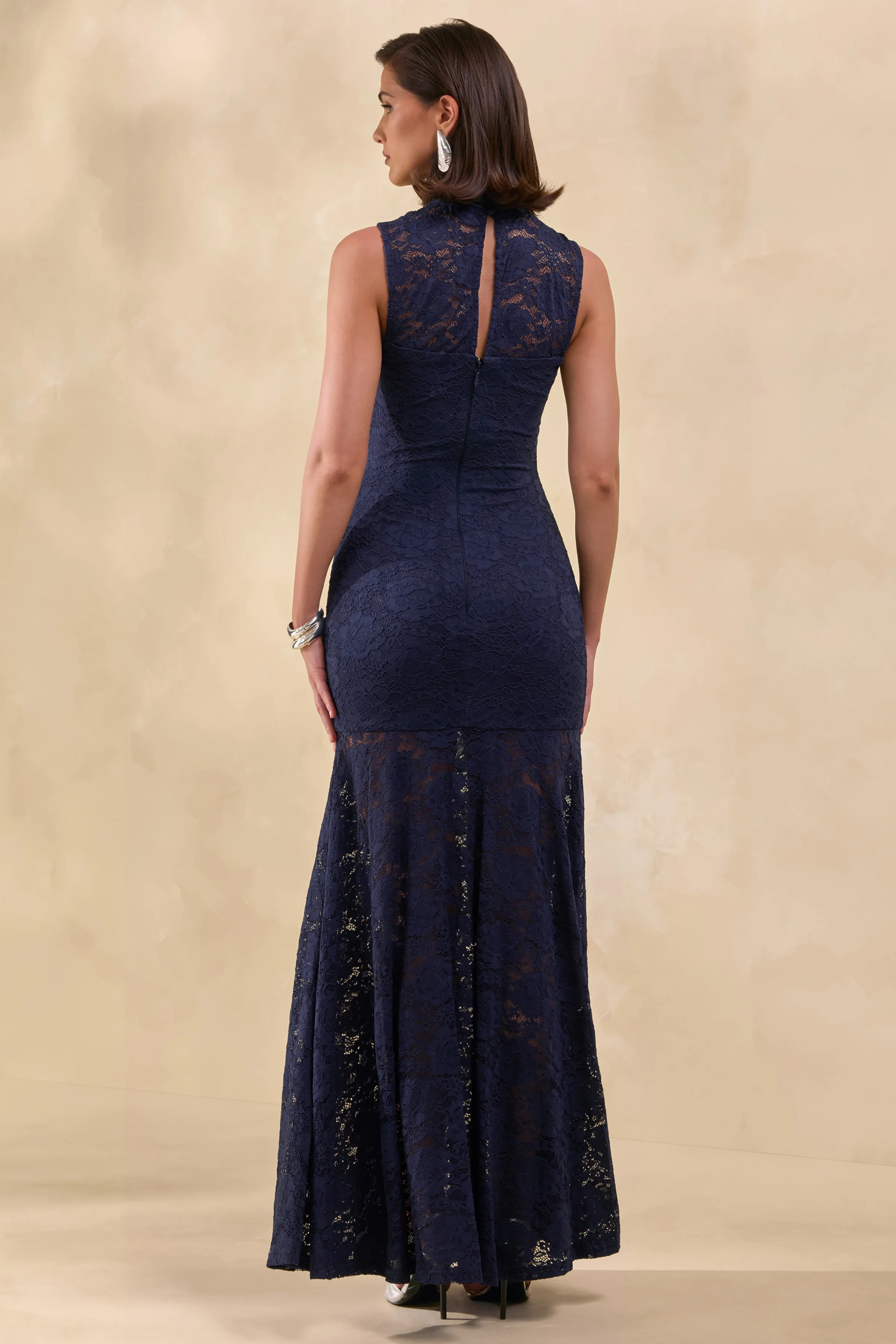 Esalyn | Navy Lace High-Neck Maxi Dress With Sheer-Skirt - Image 5
