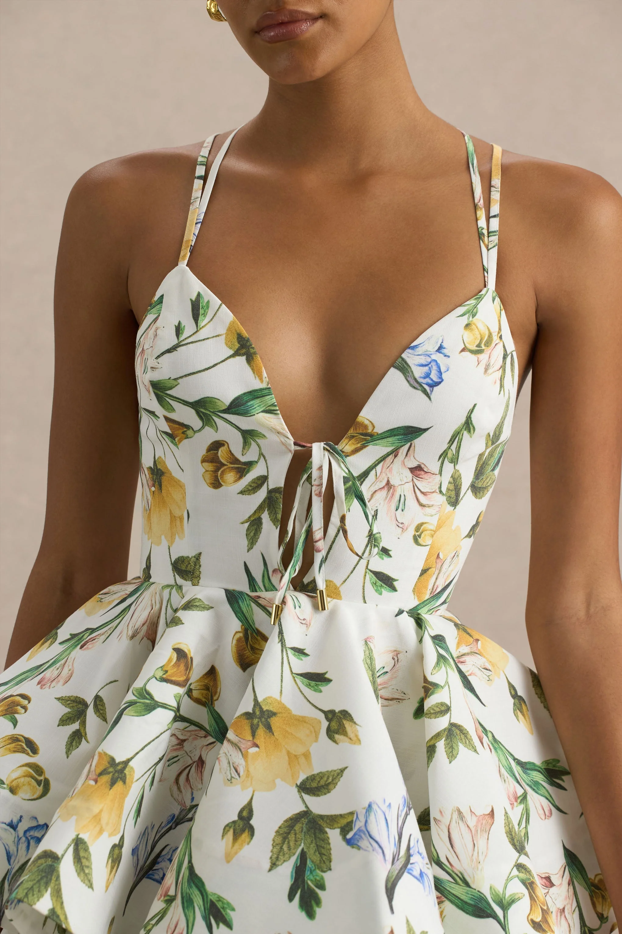 Flavia | Lemon Floral Print Plunge-Neck Ruffled Skater Micro-Mini Dress - Image 7