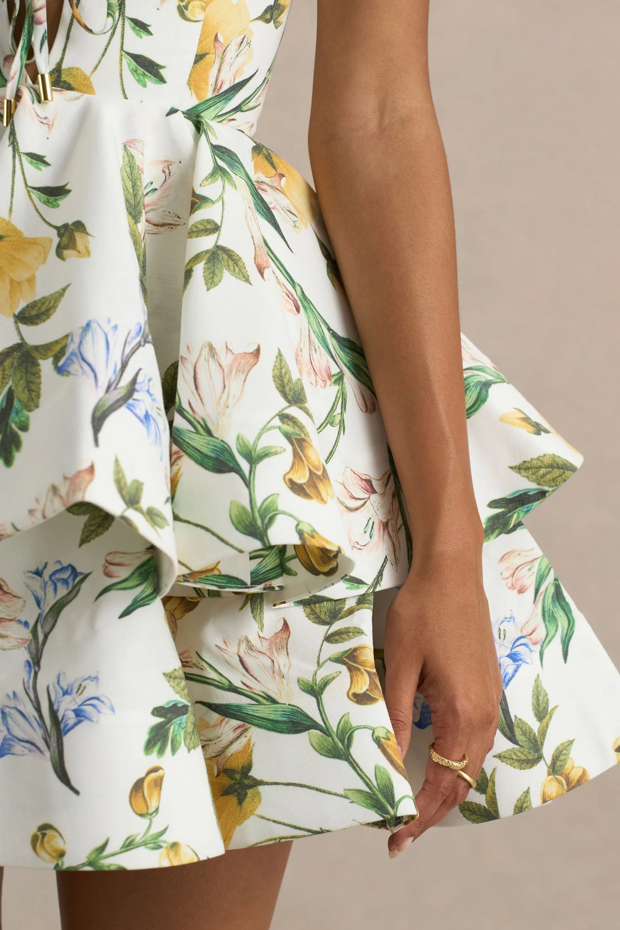 Flavia | Lemon Floral Print Plunge-Neck Ruffled Skater Micro-Mini Dress - Image 8