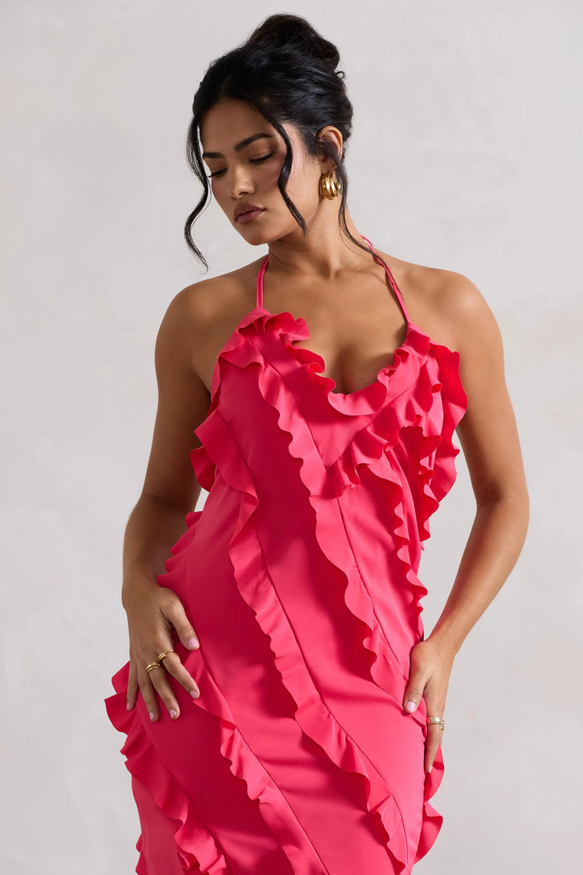 Full On | Hot Pink V-Neck Ruffle Maxi Dress - Image 2