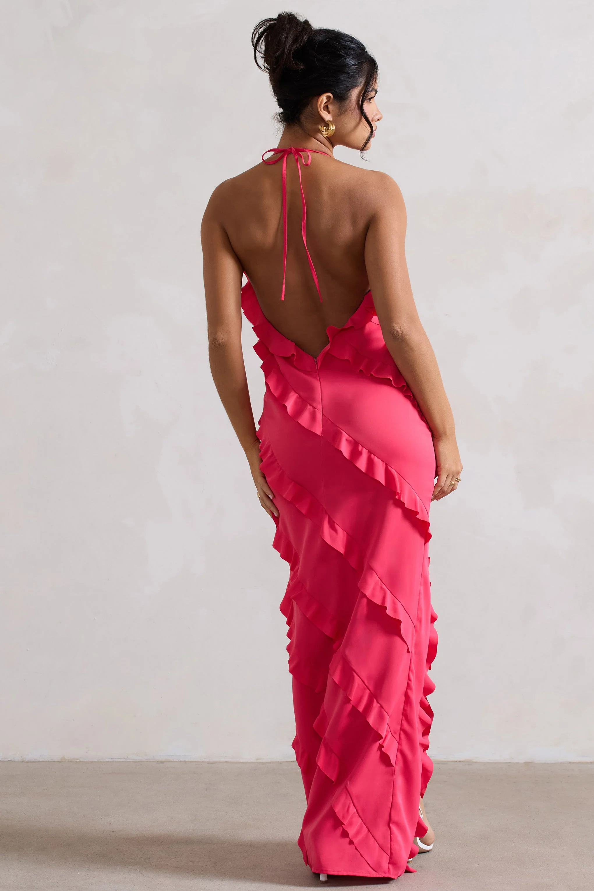 Full On | Hot Pink V-Neck Ruffle Maxi Dress - Image 3