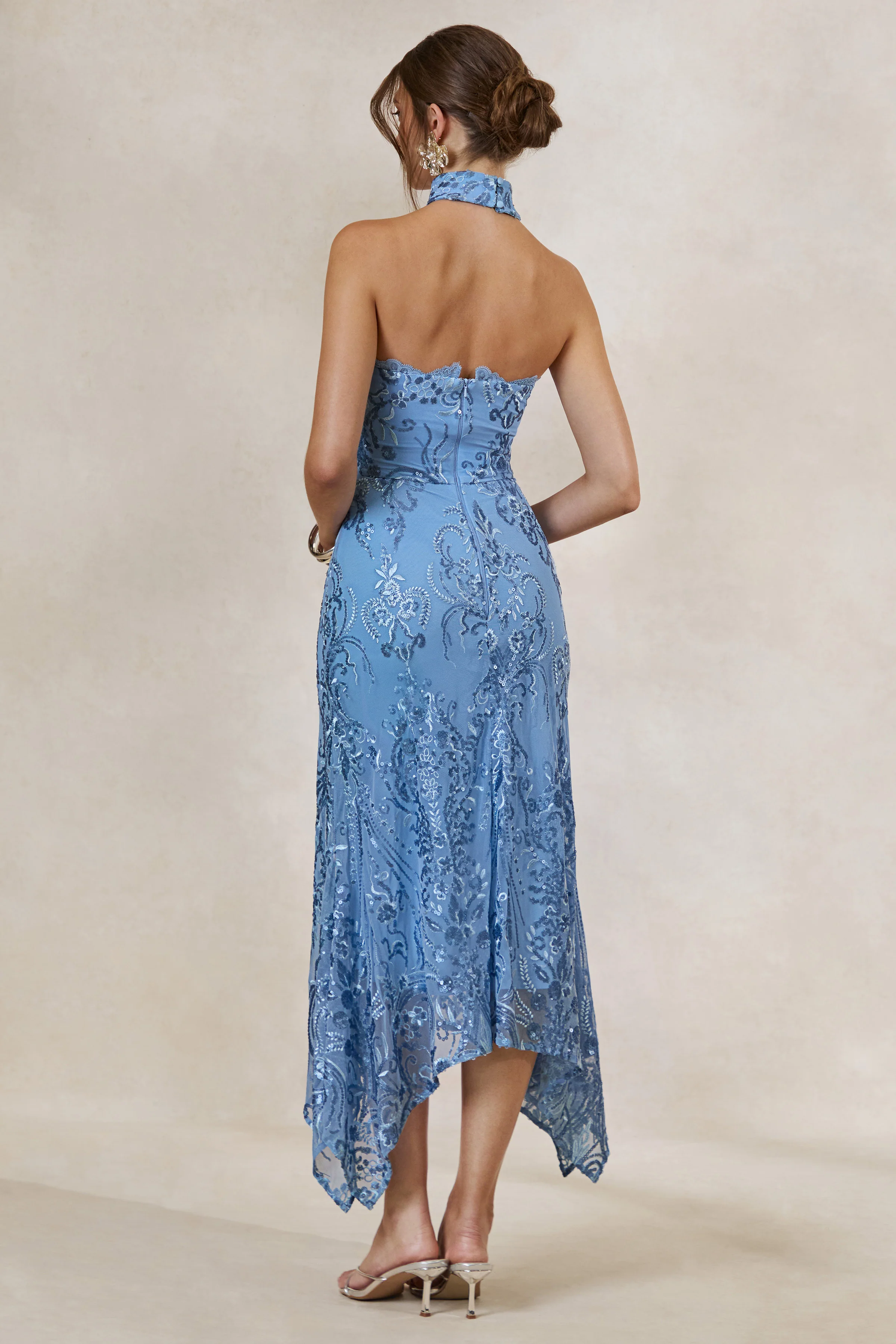 Galathea | Blue Lace Bandeau-Neck Midi Dress With Collar Detail - Image 2