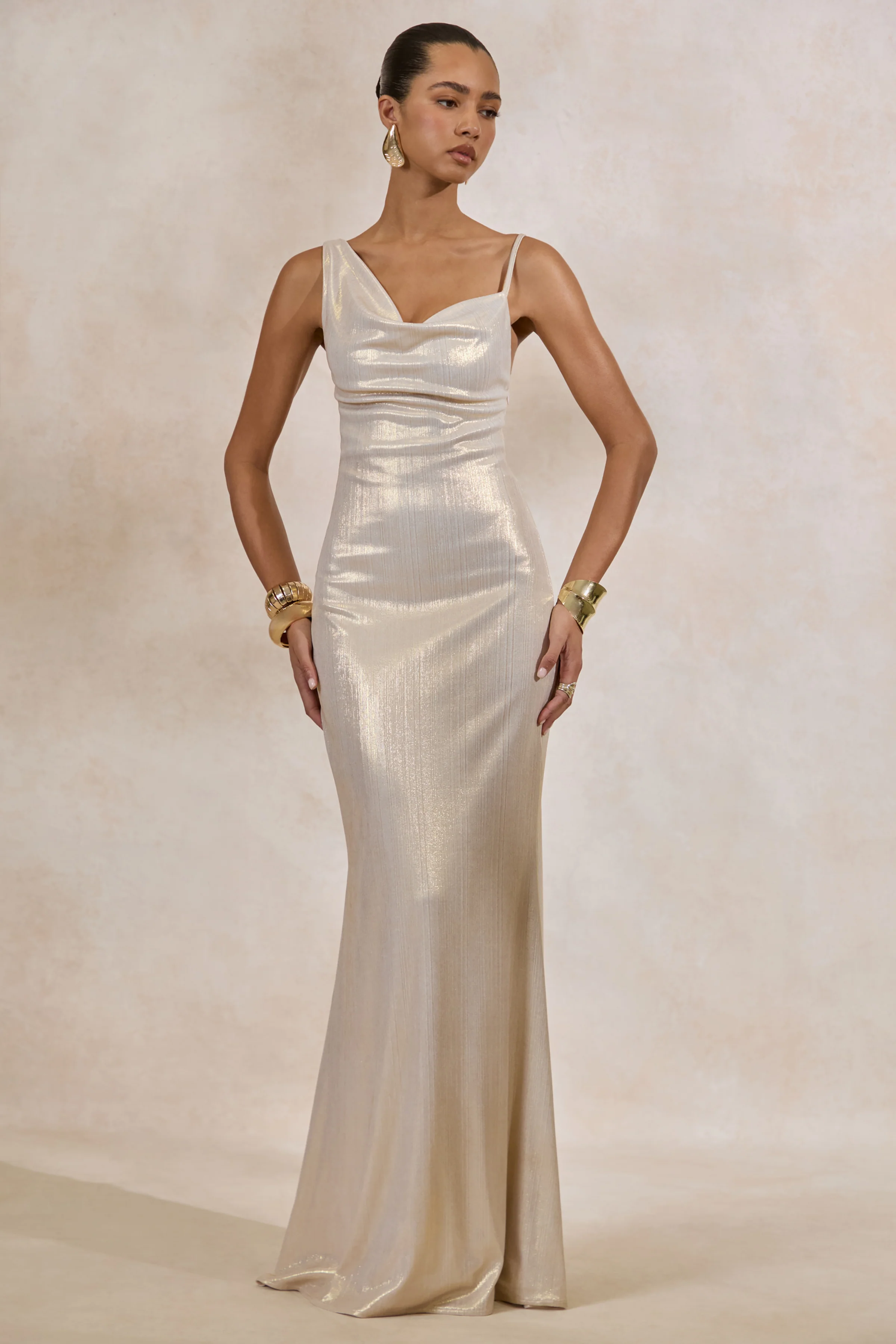 Galaxy Shimmer | Champagne Bias Cut Cowl Front Maxi Dress